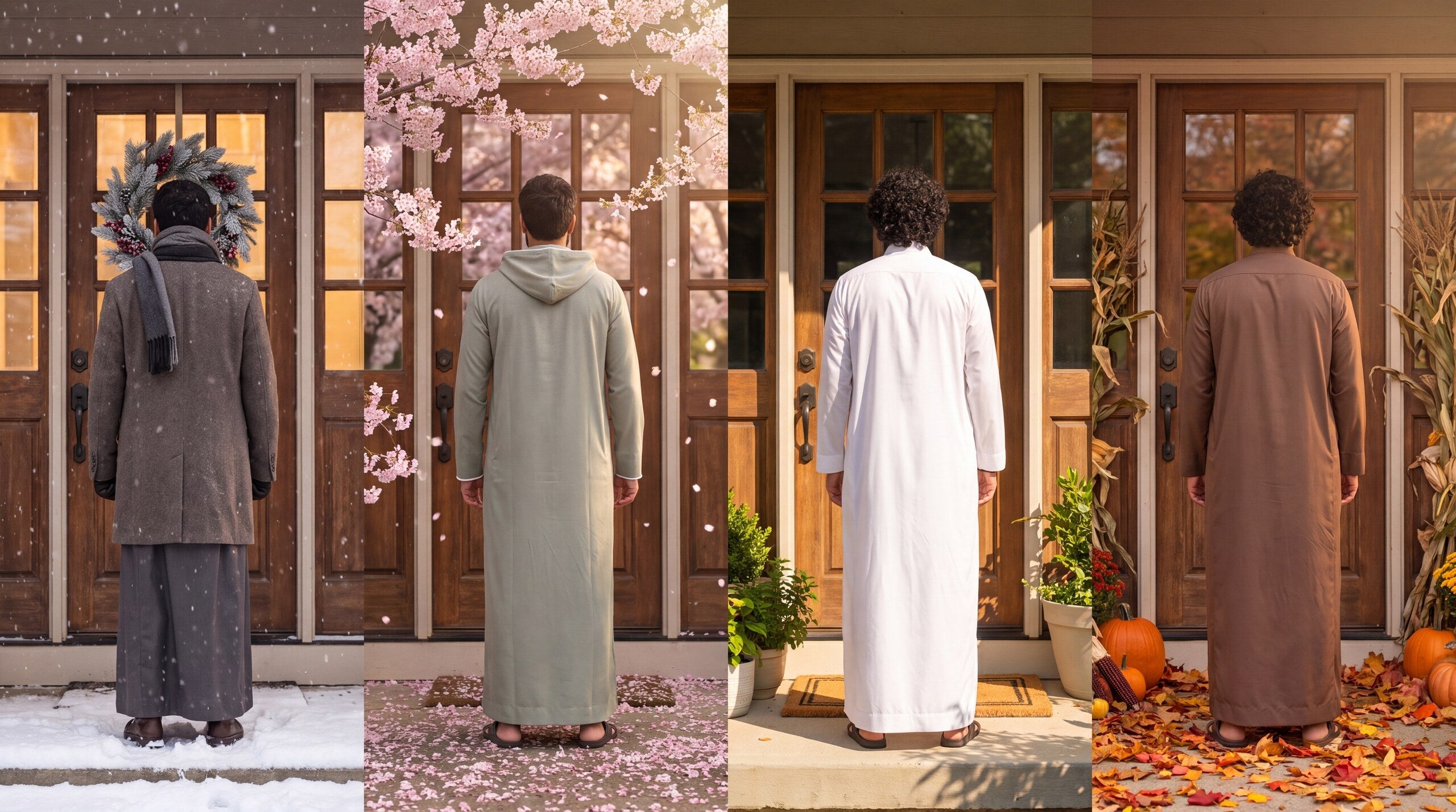 Doorway scene across four seasons, thobe wearing calendar
