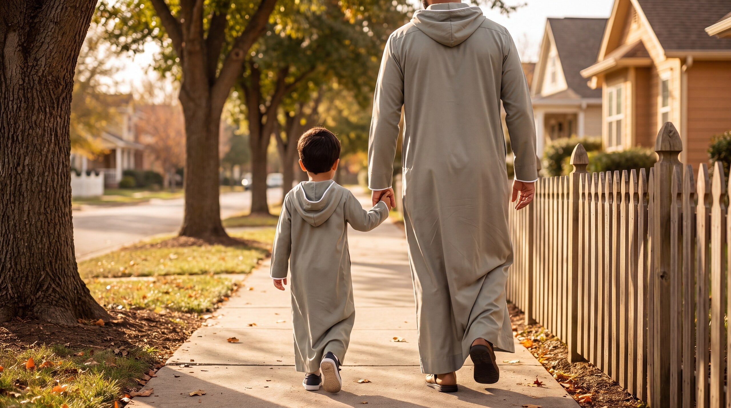 Father and son walking together in matching thobes