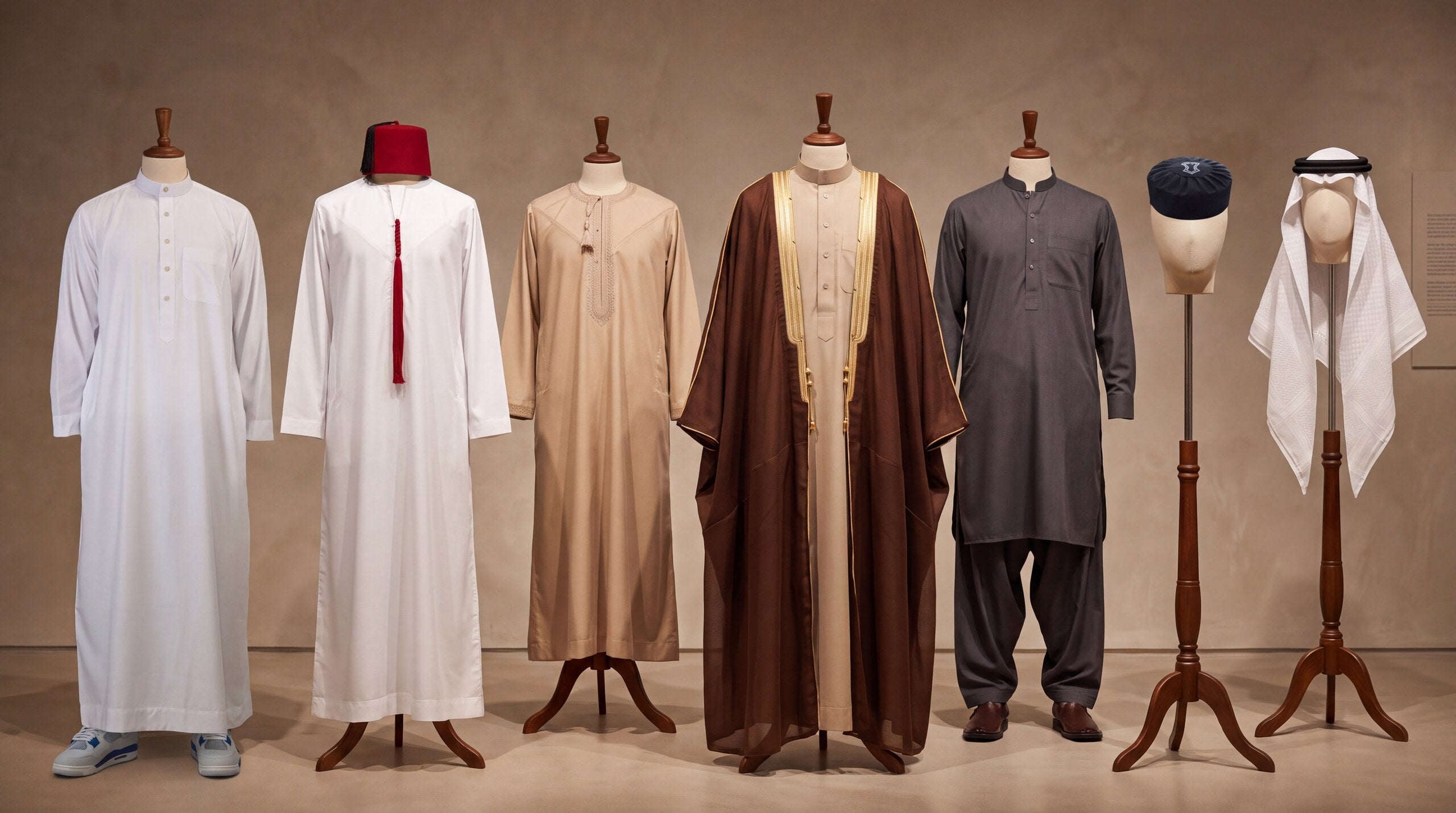 Thobe outfits displayed on wooden stands