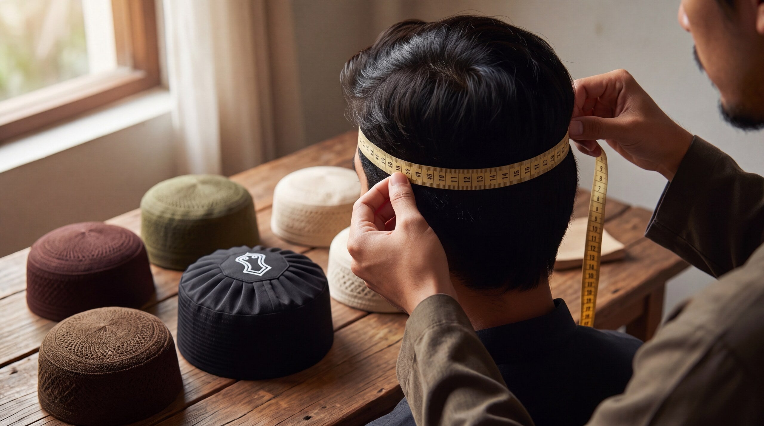 Measuring head size with tape for a kufi
