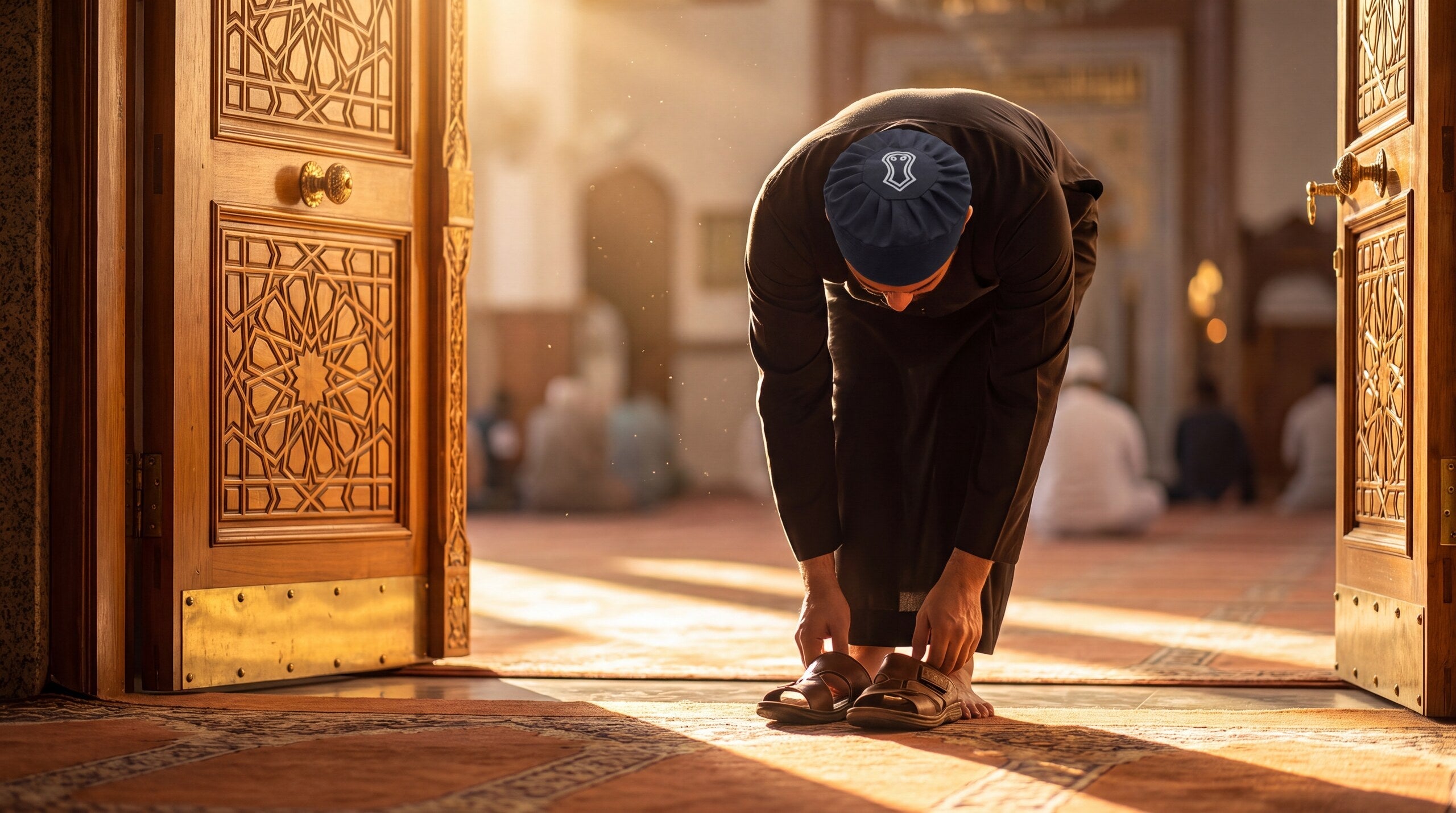 Man removing sandals at doorway before prayer