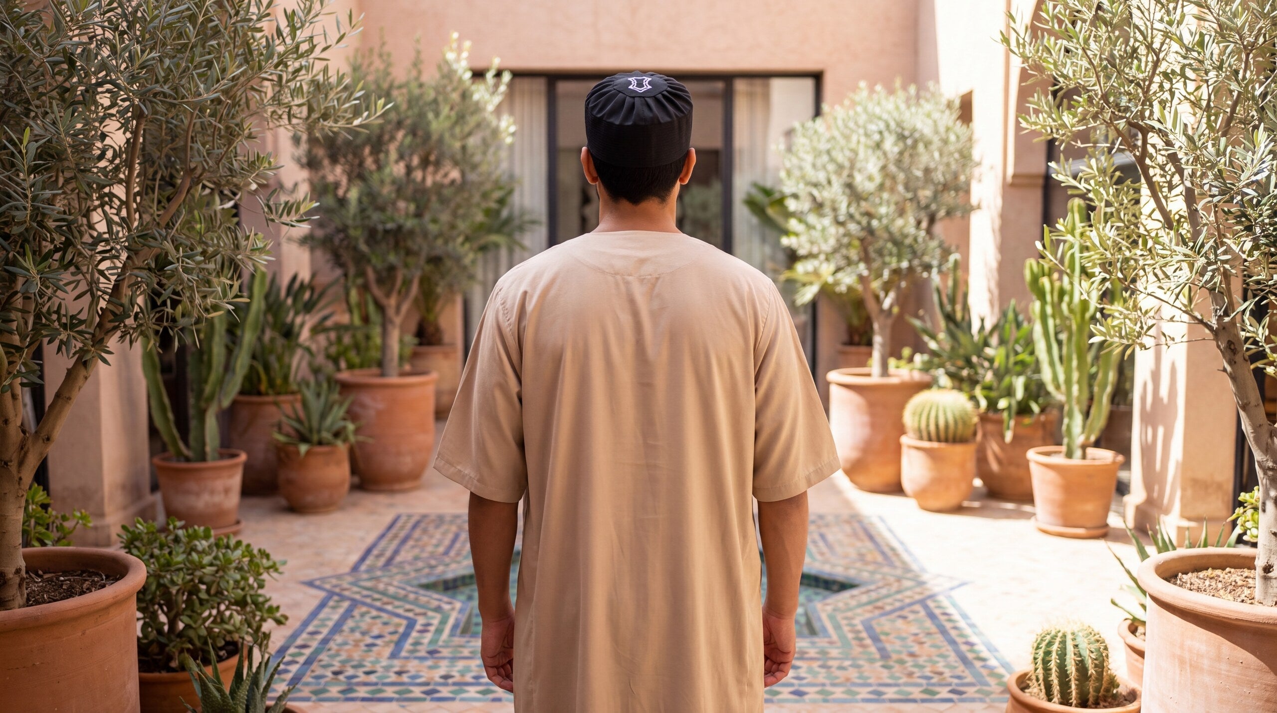 Man in a Moroccan gandora standing in a sunny courtyard