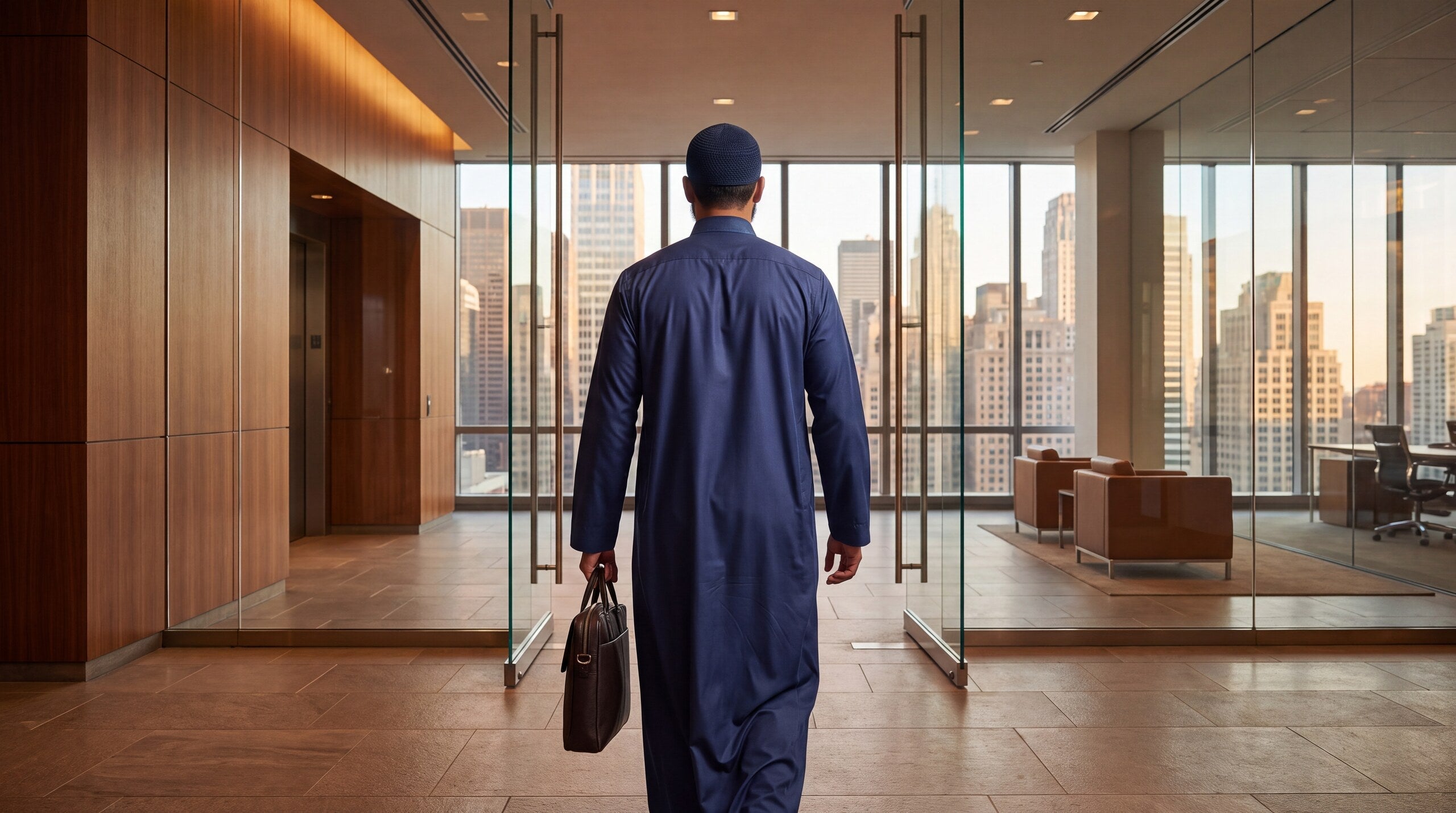 Man wearing a thobe walking into an office lobby