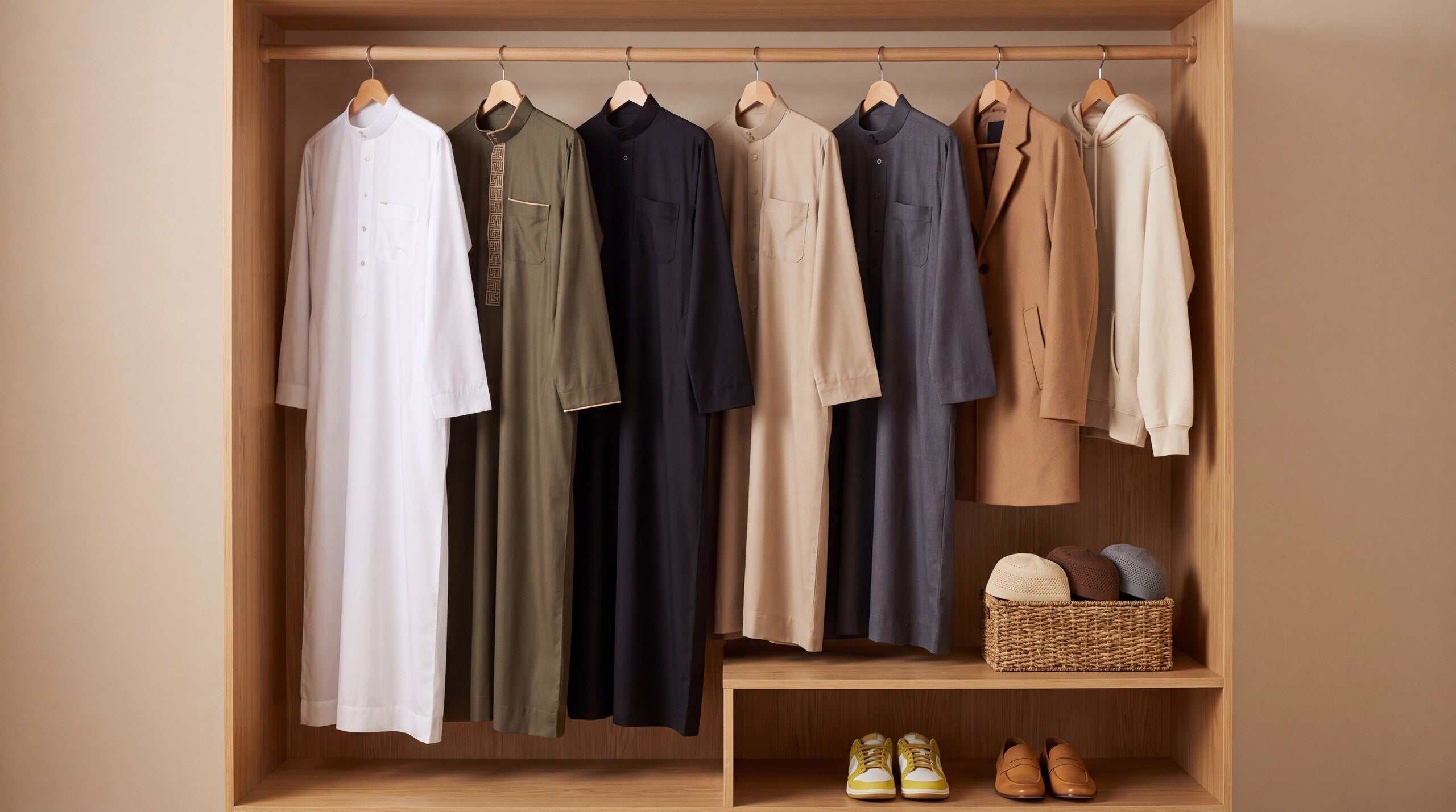 Minimalist open closet with a capsule wardrobe of thobes