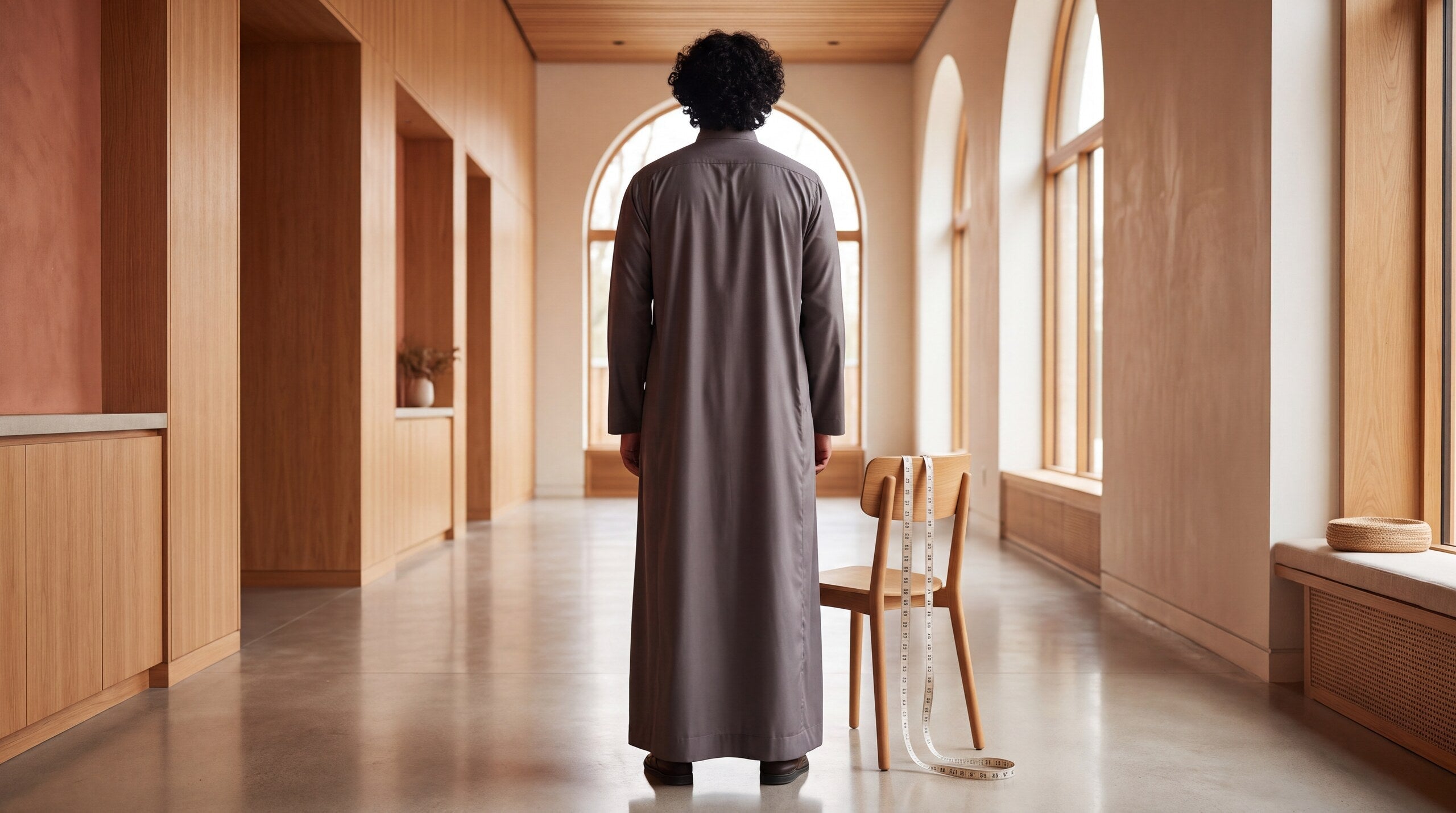 Tall man standing in a hallway wearing a thobe
