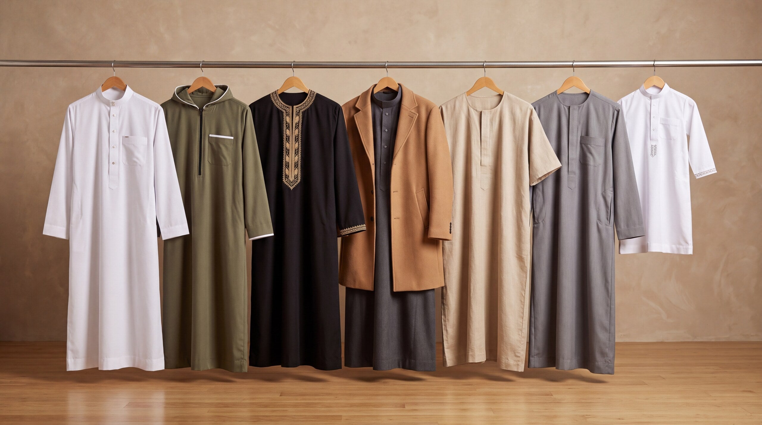 Thobes arranged on a clothing rack