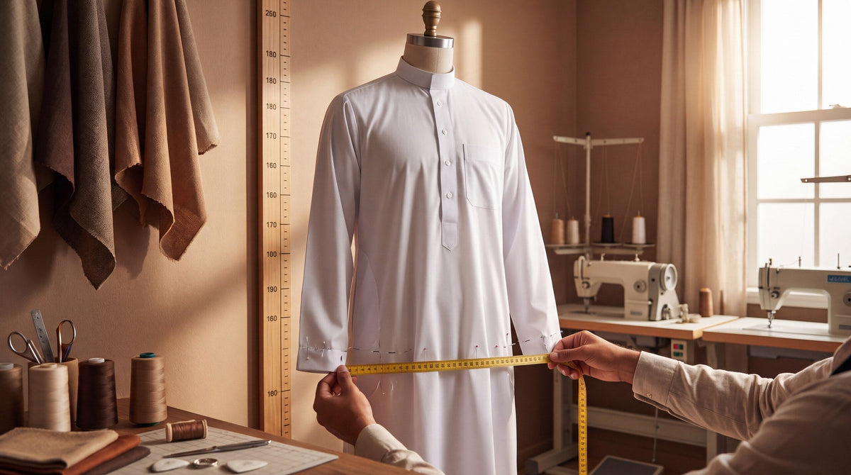 White thobe on a fitting mannequin for measuring guide