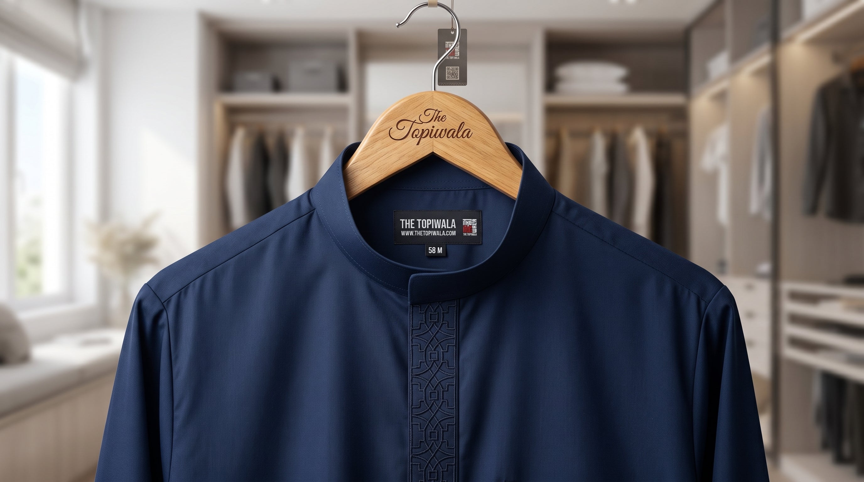 A neatly folded premium sand beige men's thobe and a dark navy blue jubba from The Topiwala, showcasing high-quality fabric care and wrinkle-resistant material.