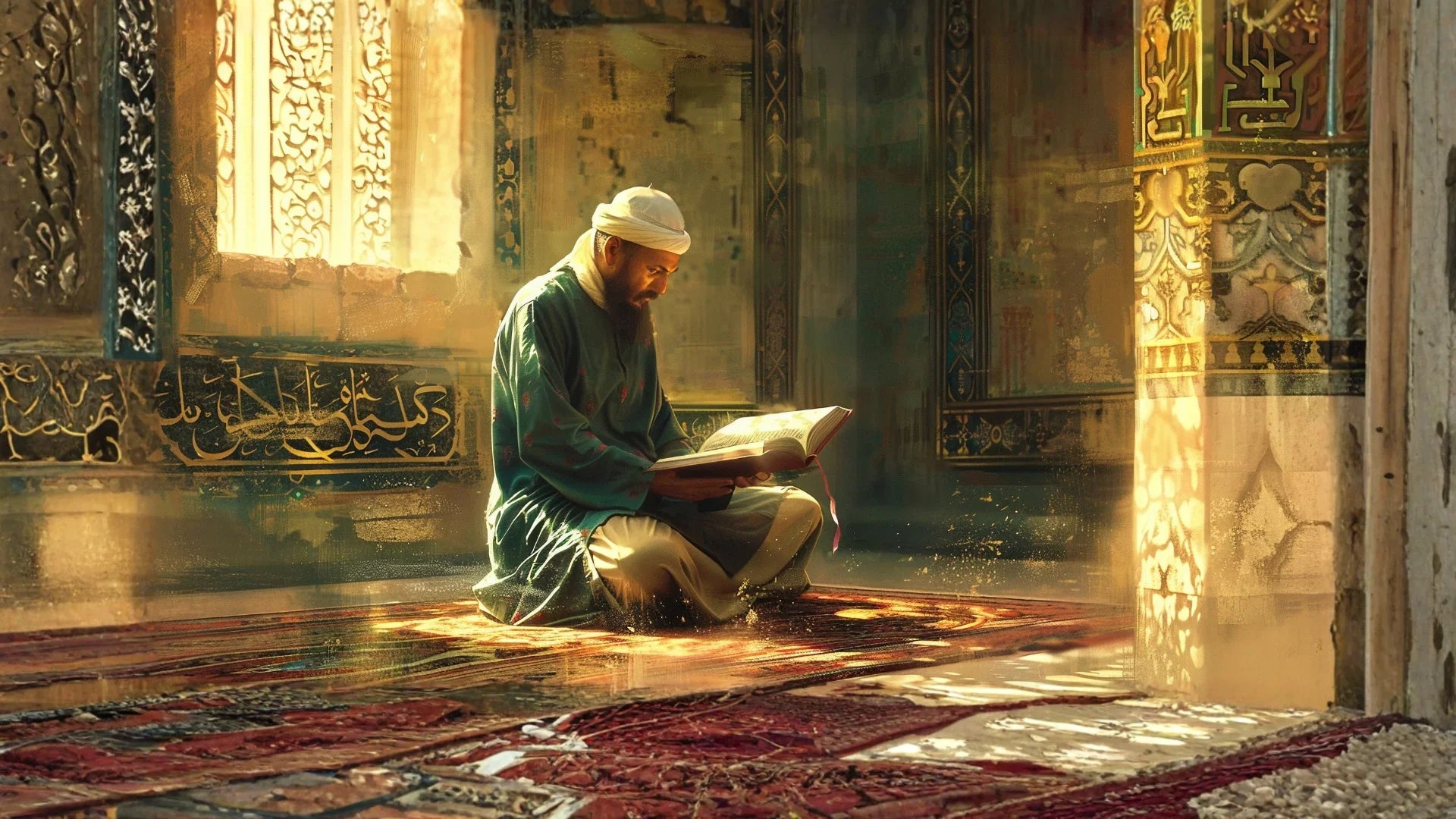 Dignified Muslim man wearing a patterned Yemeni Burda cloak over a white thobe in a snowy Chicago street. Historical Islamic winter clothing.