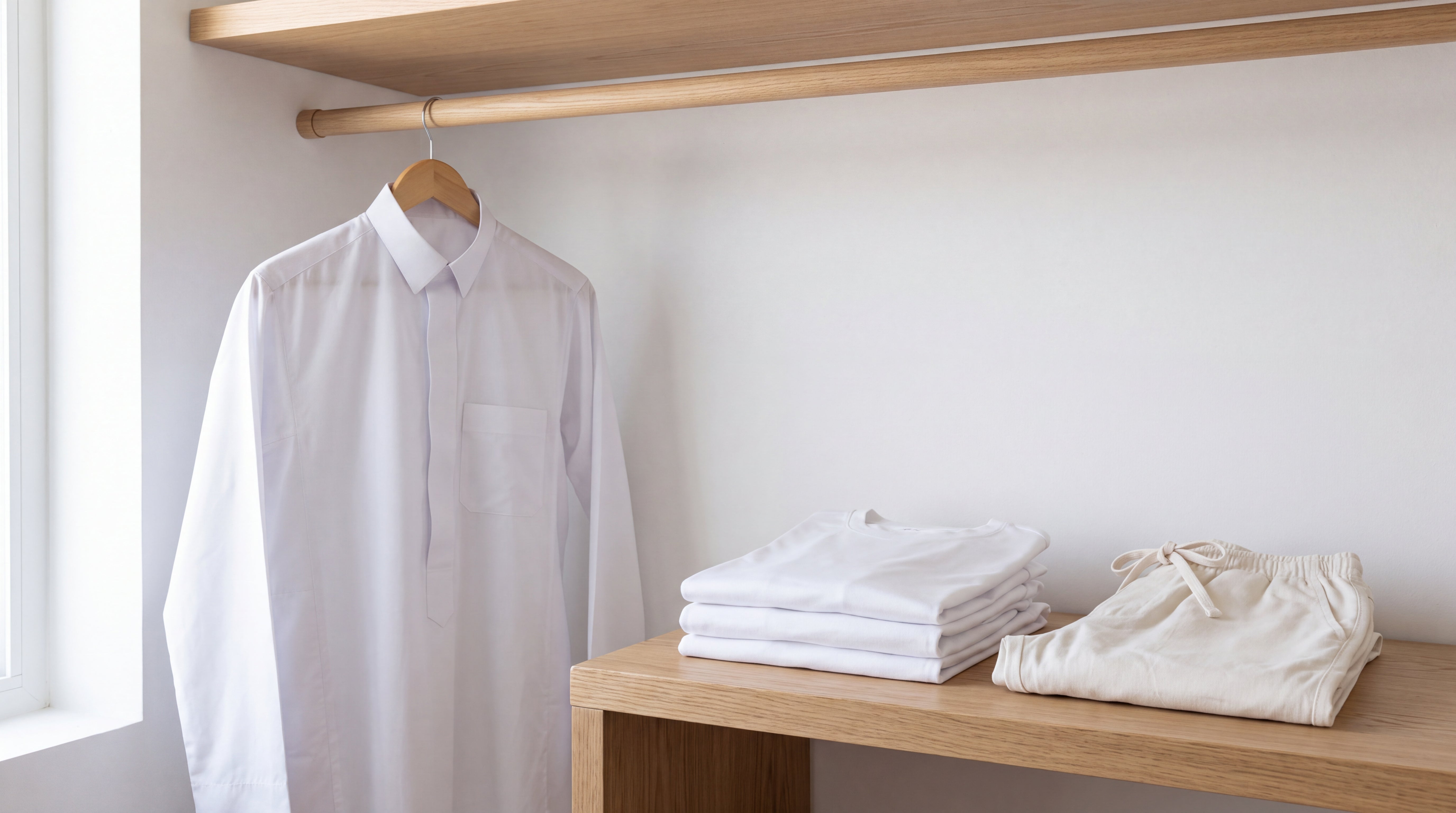 White thobe on a hanger with folded undershirt and sirwal pants — what do you wear under a thobe, men's practical guide to thobe under-layers and modest Islamic clothing USA by The Topi Wala