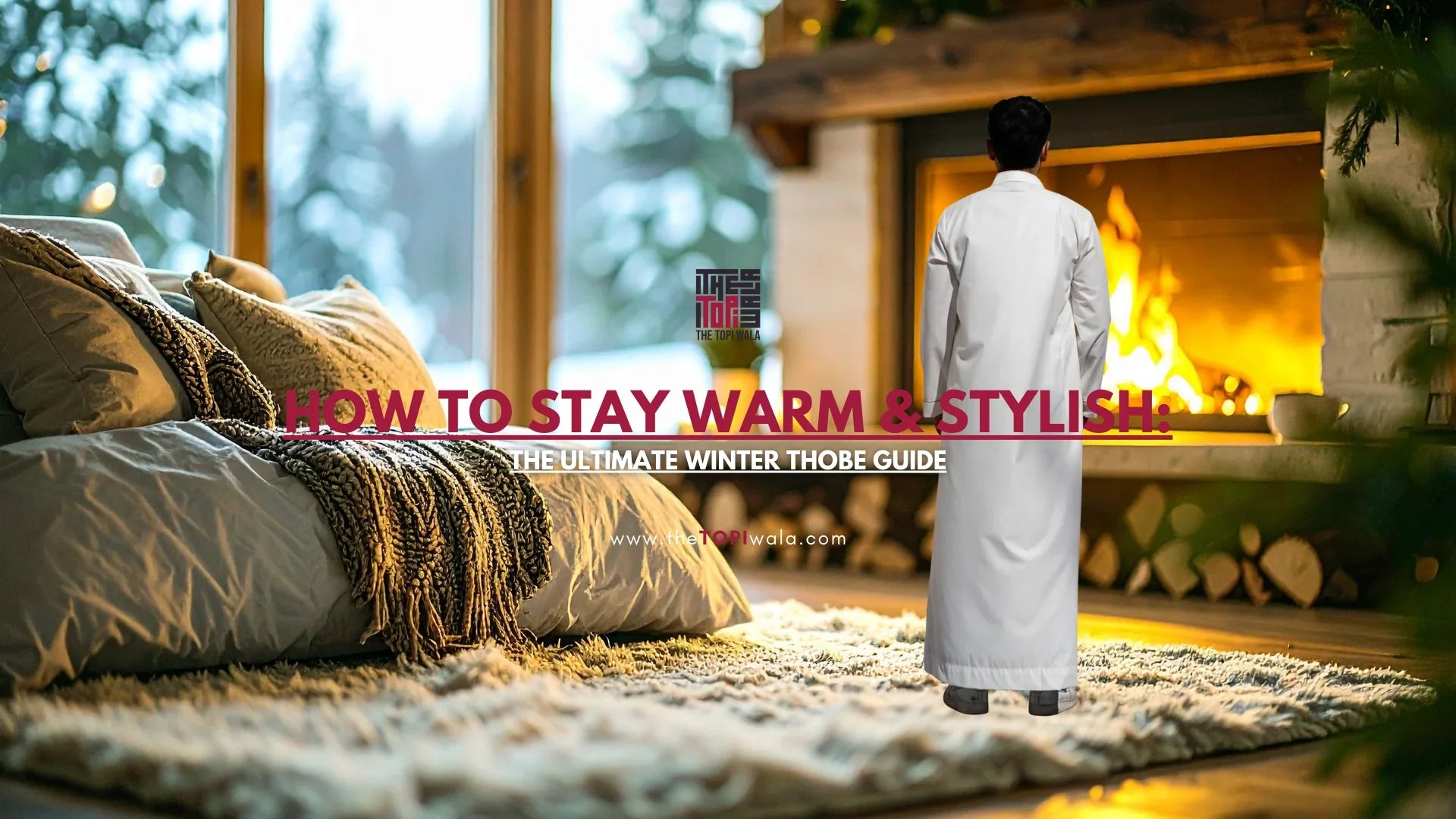 Promotional graphic by The Topi Wala featuring a person in a white thobe near a fireplace, highlighting the ultimate winter thobe guide for staying warm and stylish.