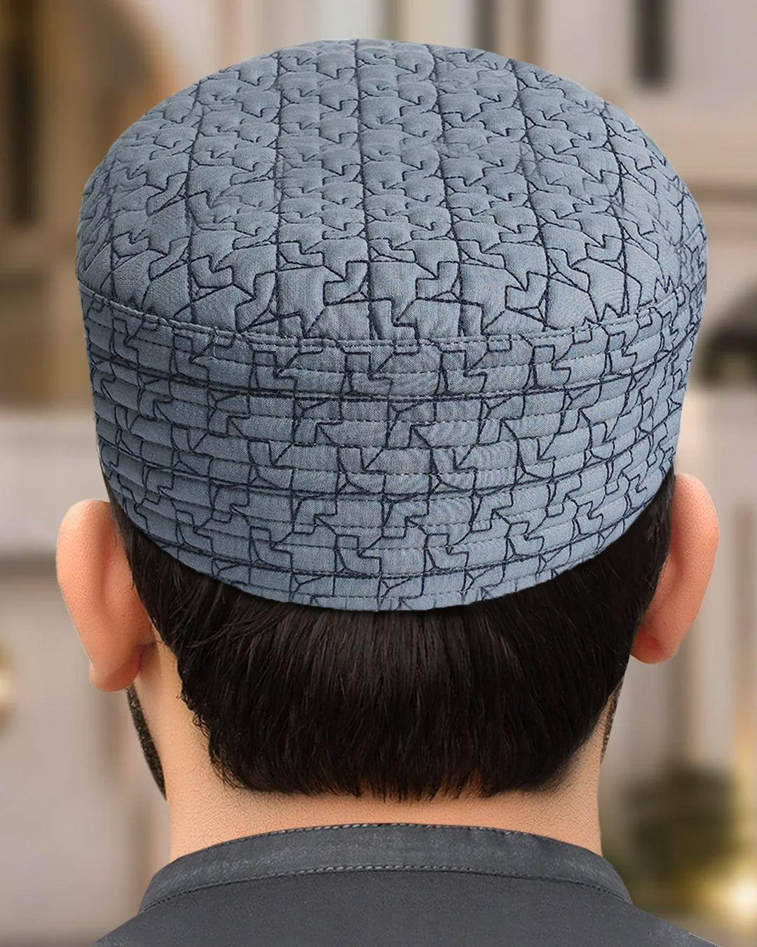 Men's Geometric Embroidered Kufi Topi – Silver Thread Cap