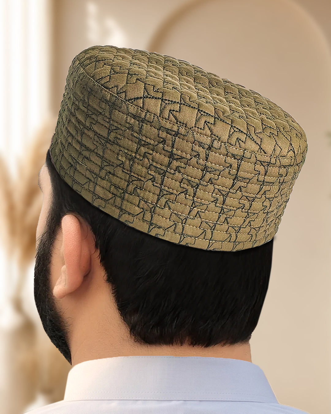 Men's Geometric Embroidered Kufi Topi – Silver Thread Cap