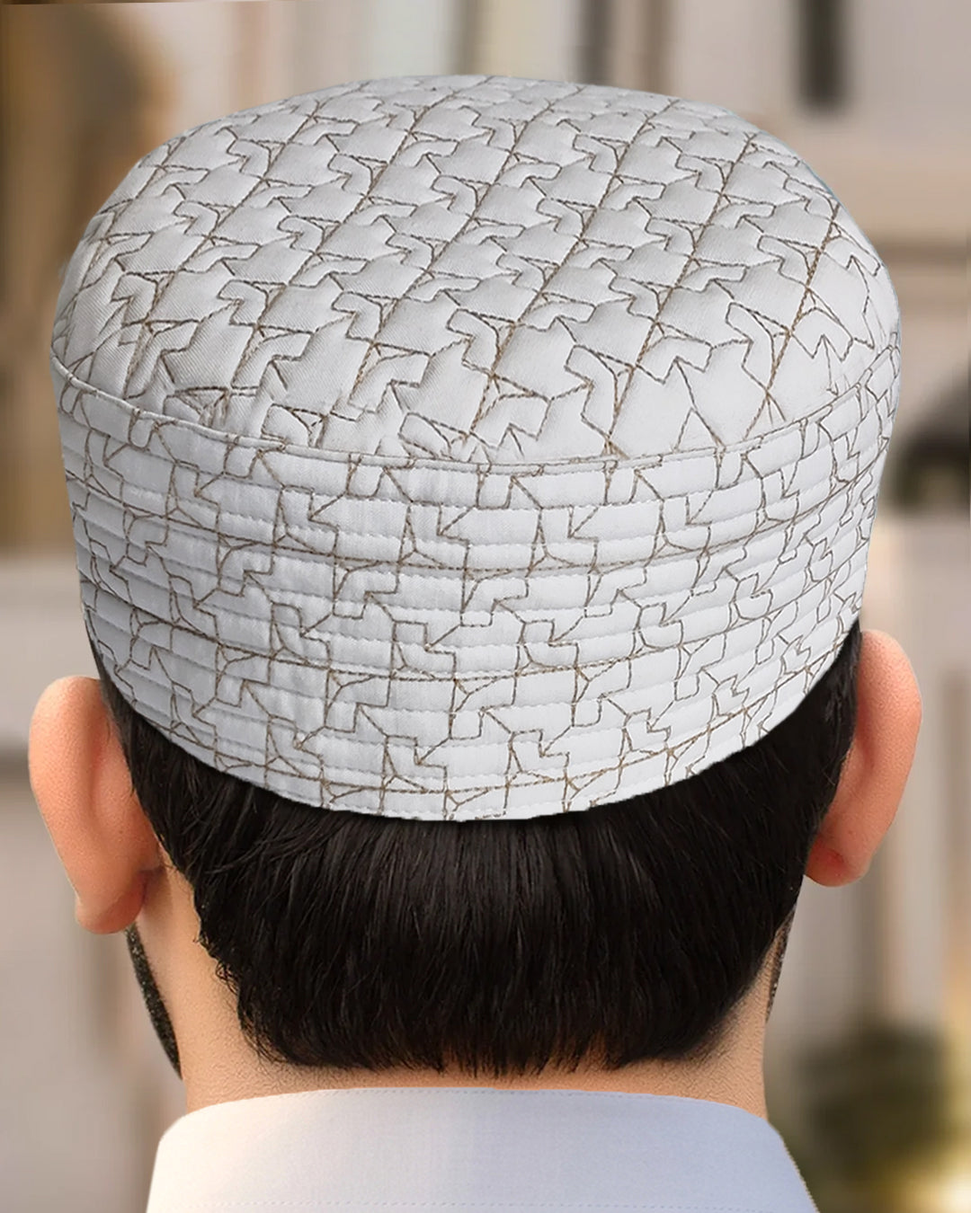 Men's Geometric Embroidered Kufi Topi – Silver Thread Cap
