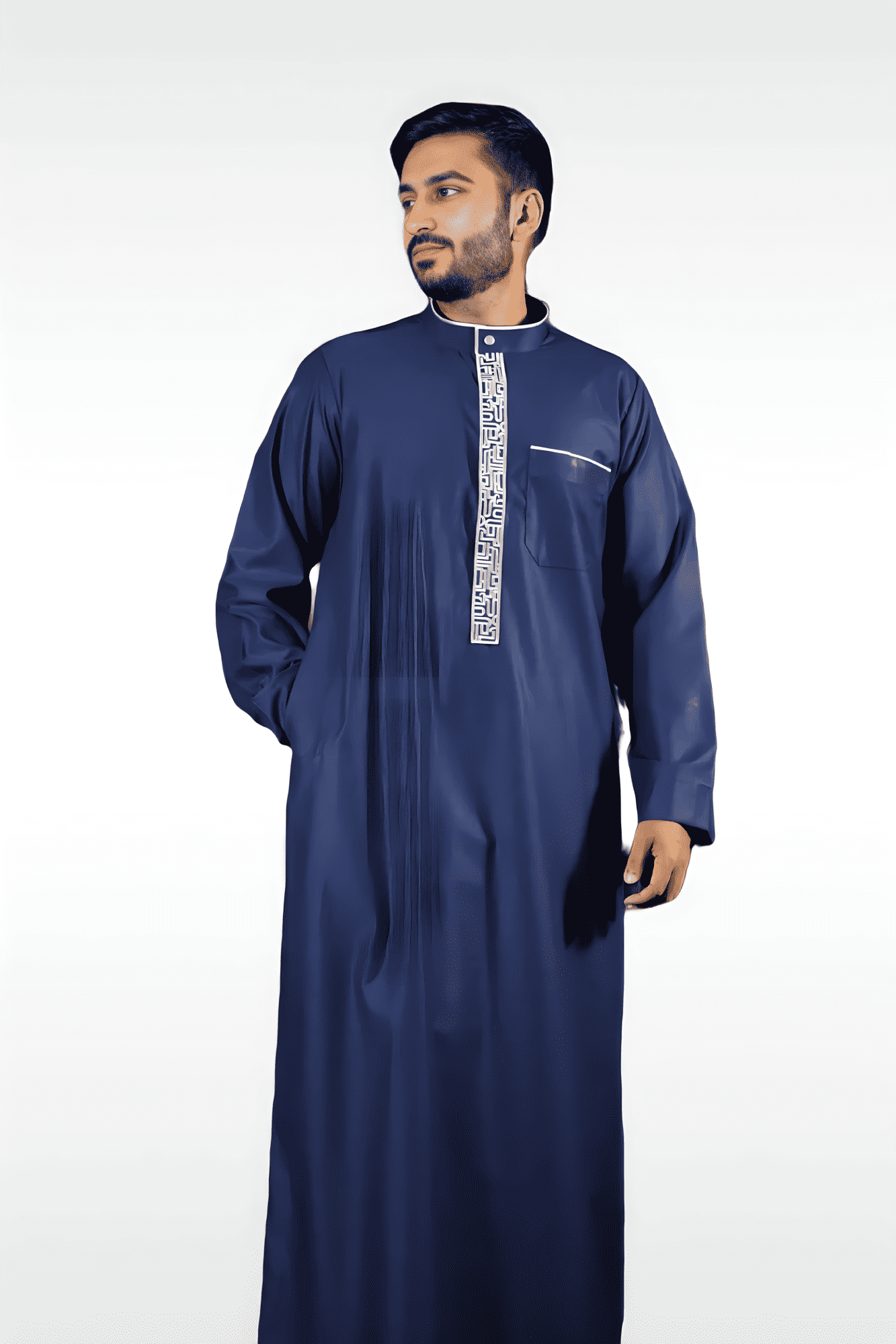 Blue and white thobe collar view