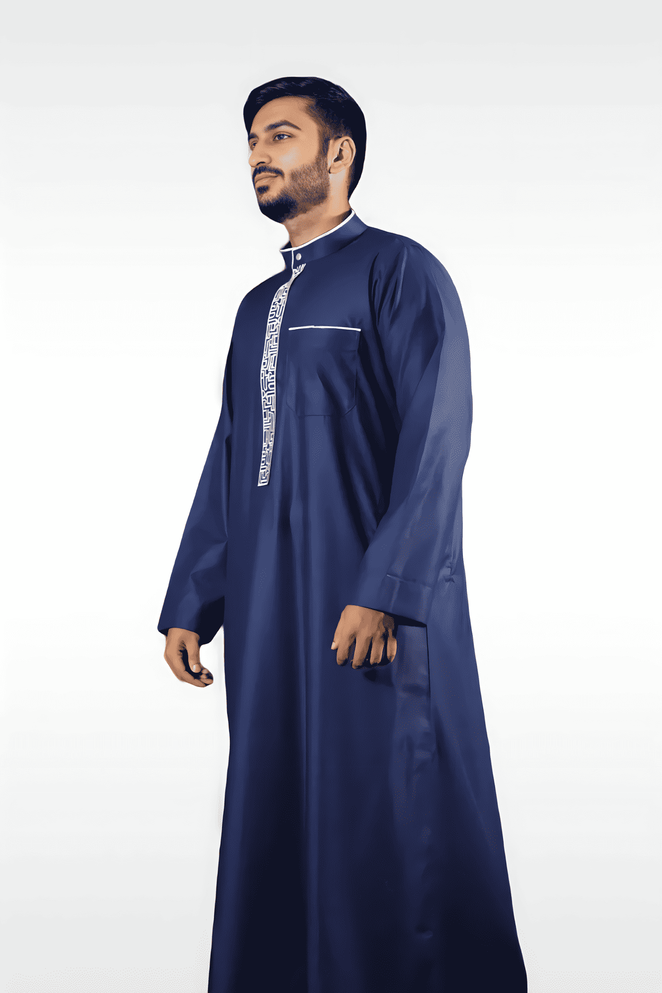 Blue and white thobe side view