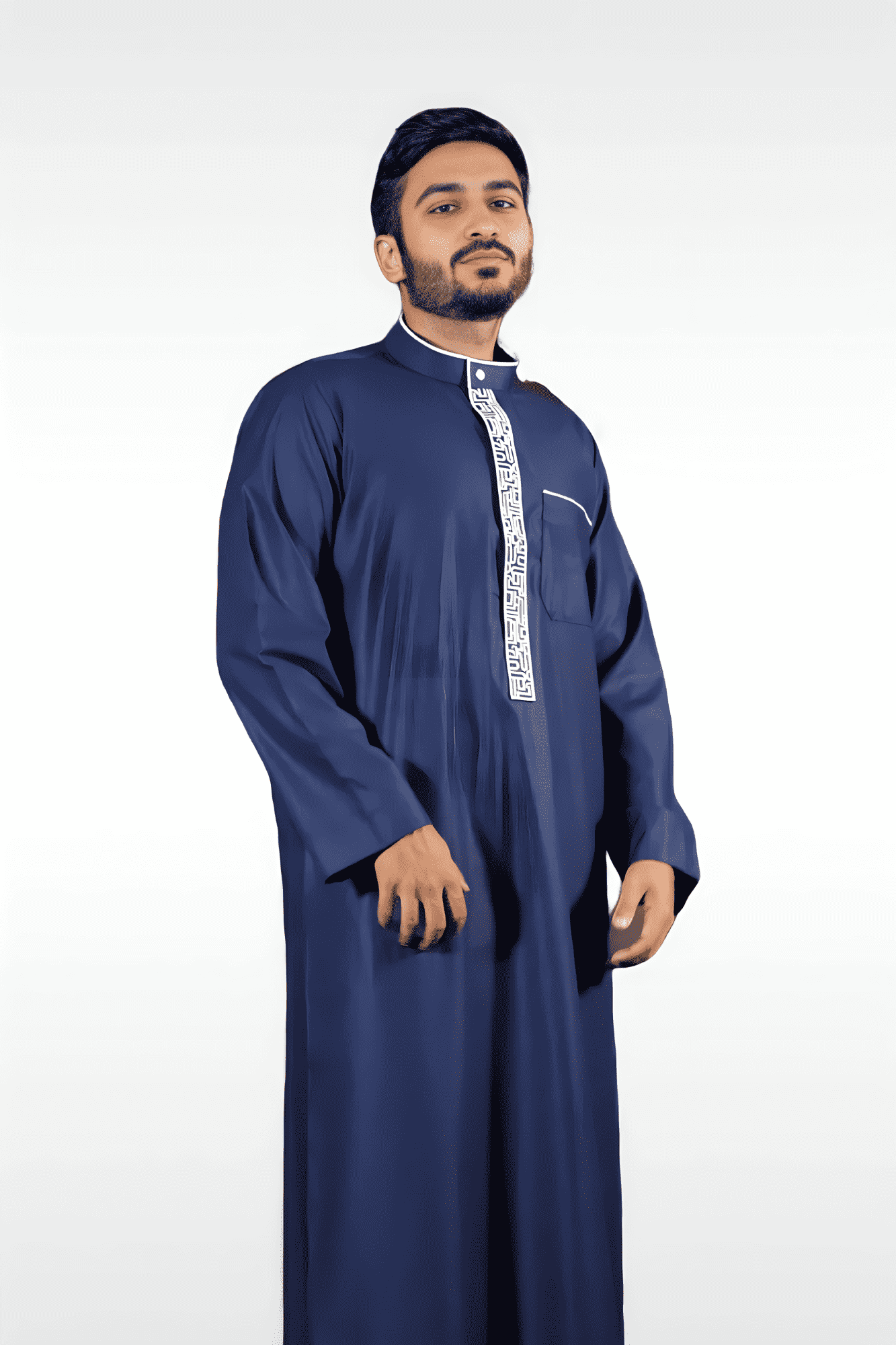Blue and white thobe sleeve view