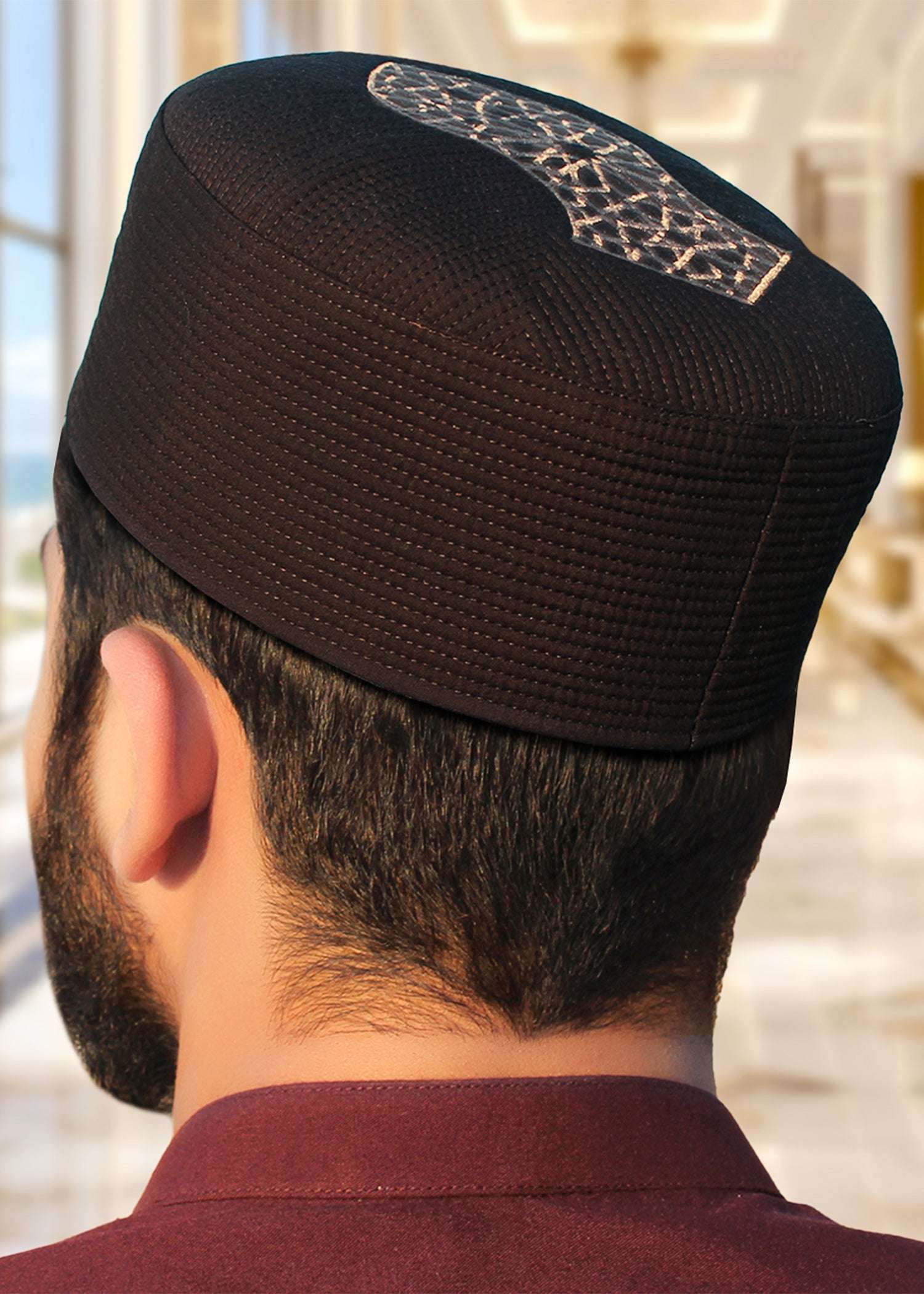Sultan structured kufi prayer cap for men, shown from the side