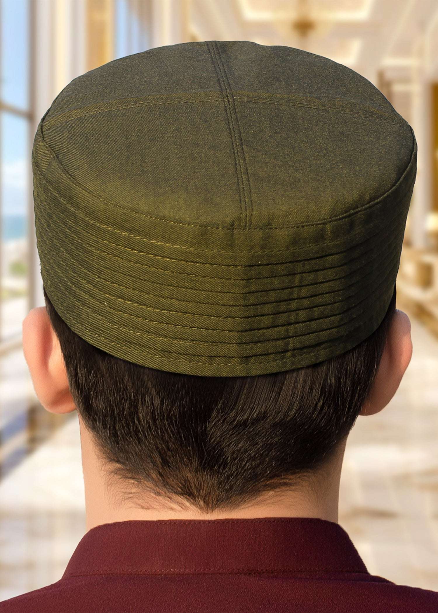 Shahanshah structured kufi prayer cap for men, shown from the side