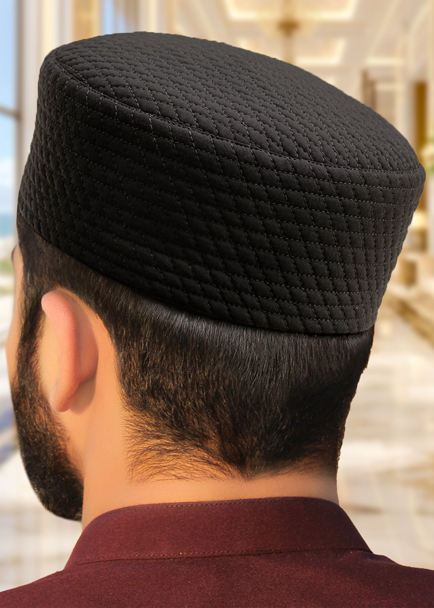 Black Moorish Topi showing uniform diamond quilting and durable structure.