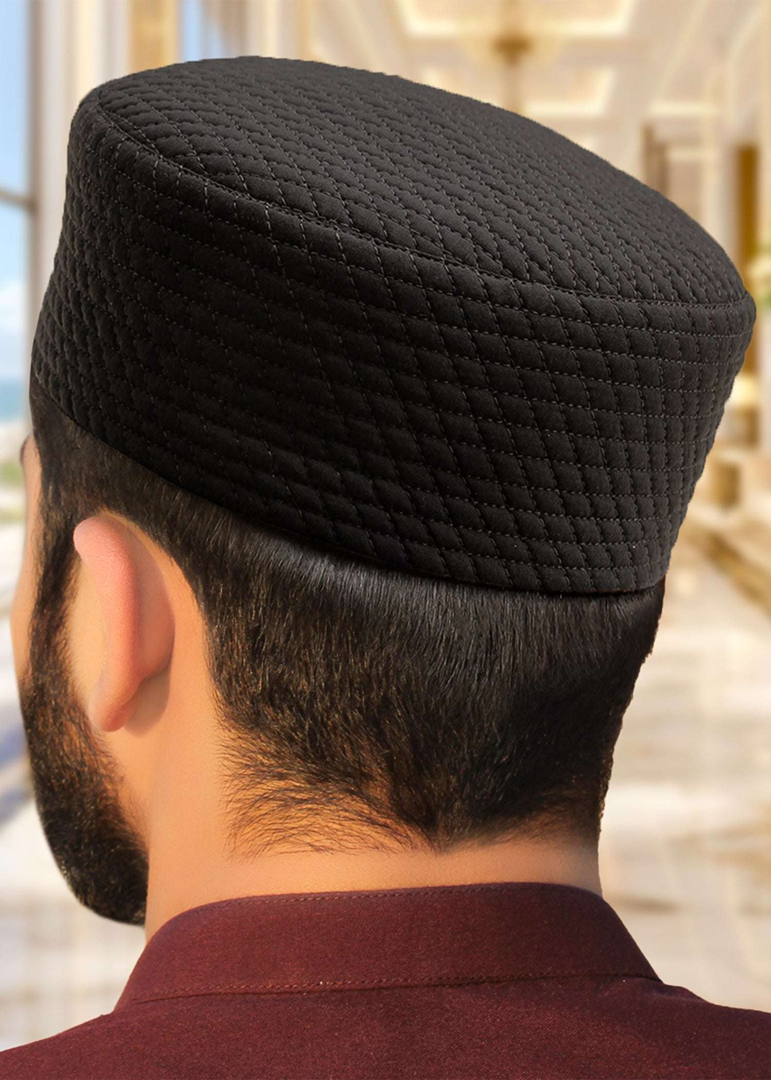 Black quilted moorish kufi prayer cap for men, made for daily salah