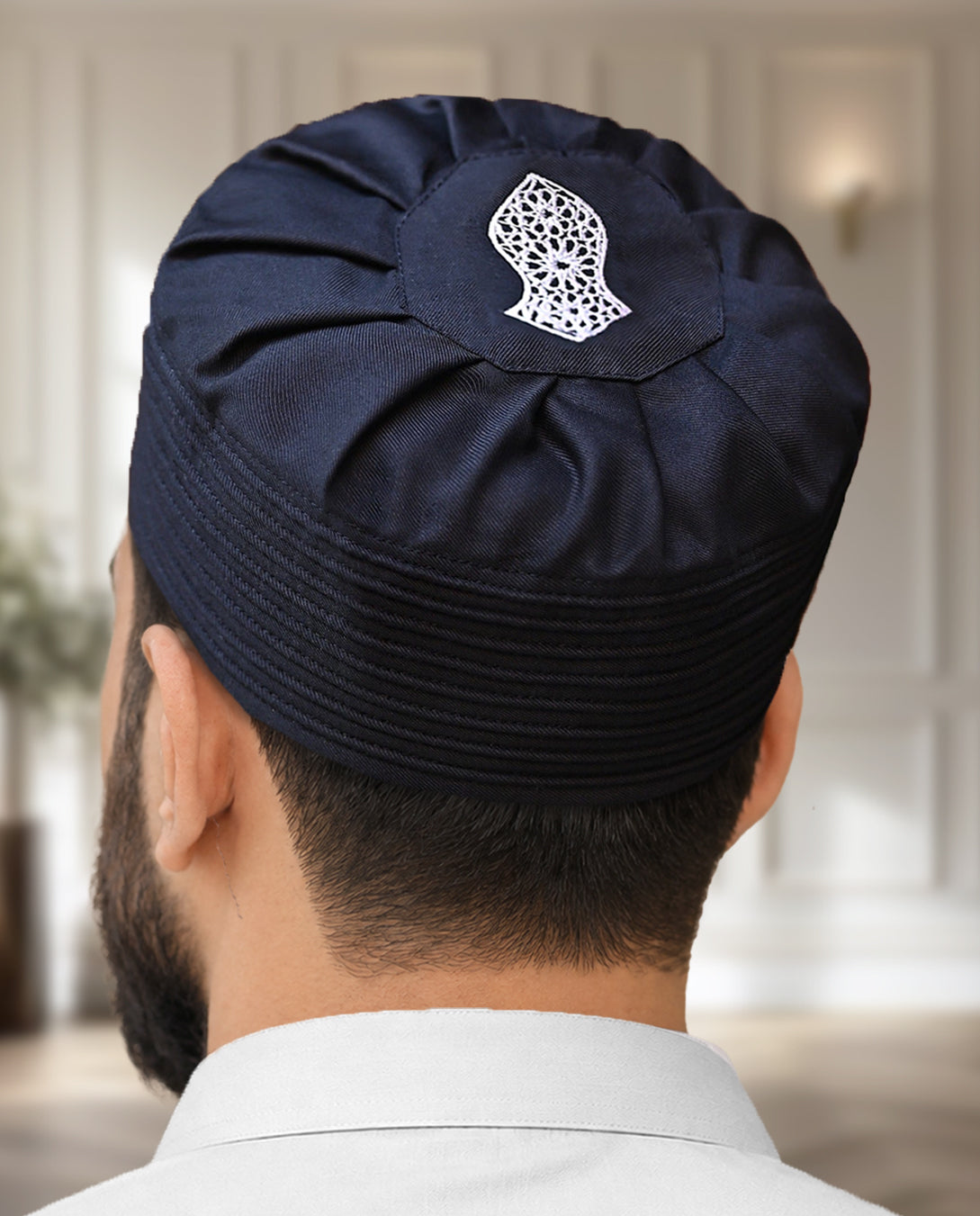 Men's Pleated Kufi Topi – Embroidered Emblem Cap