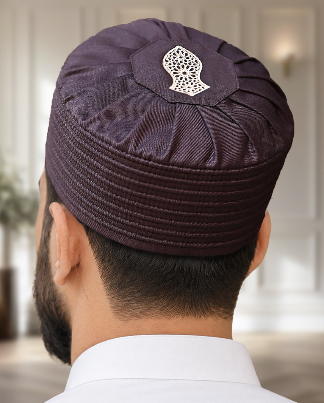 Men's Pleated Kufi Topi – Embroidered Emblem Cap