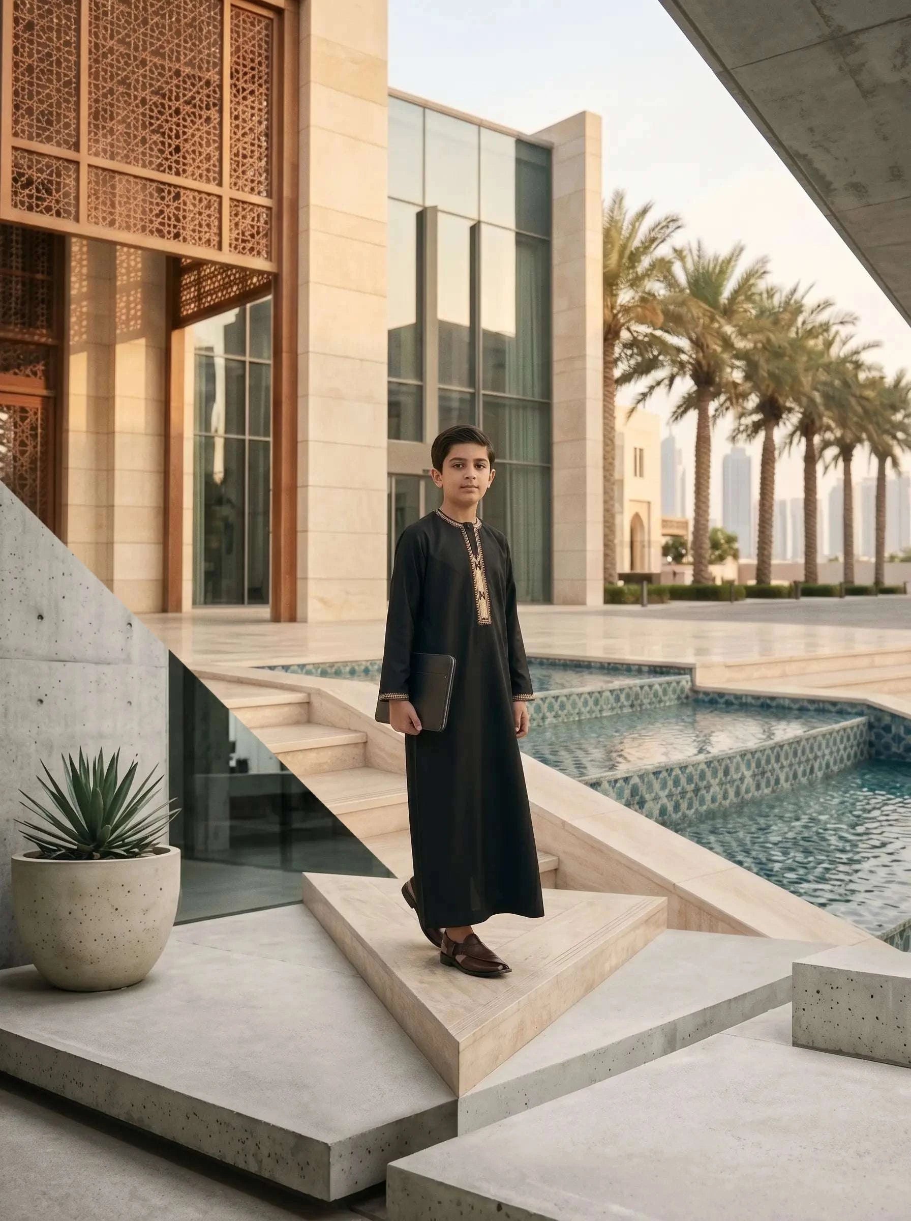 Black and gold Emirati thobe for boys - back view