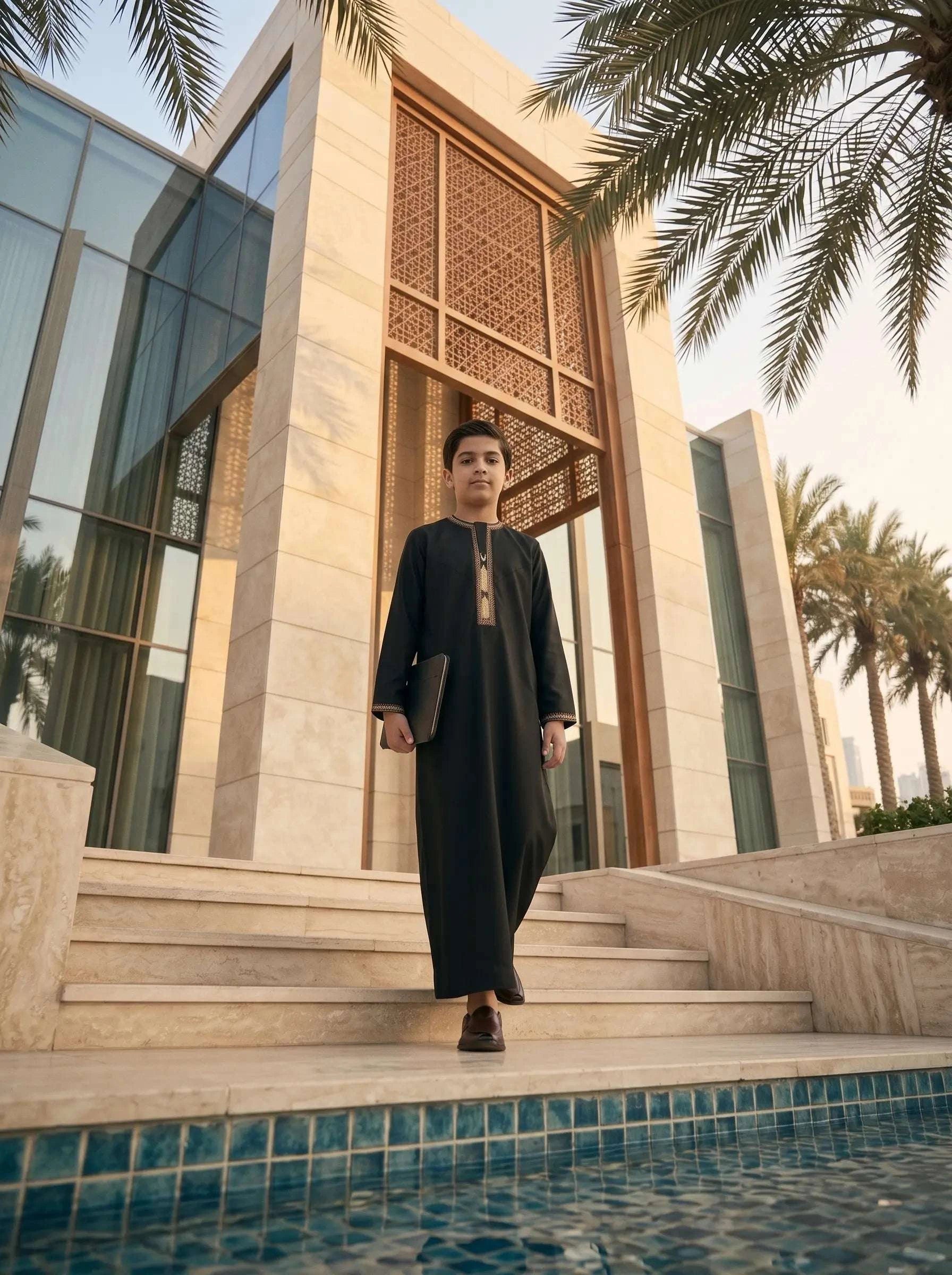 Black kids Emirati thobe with tarboush - full length view