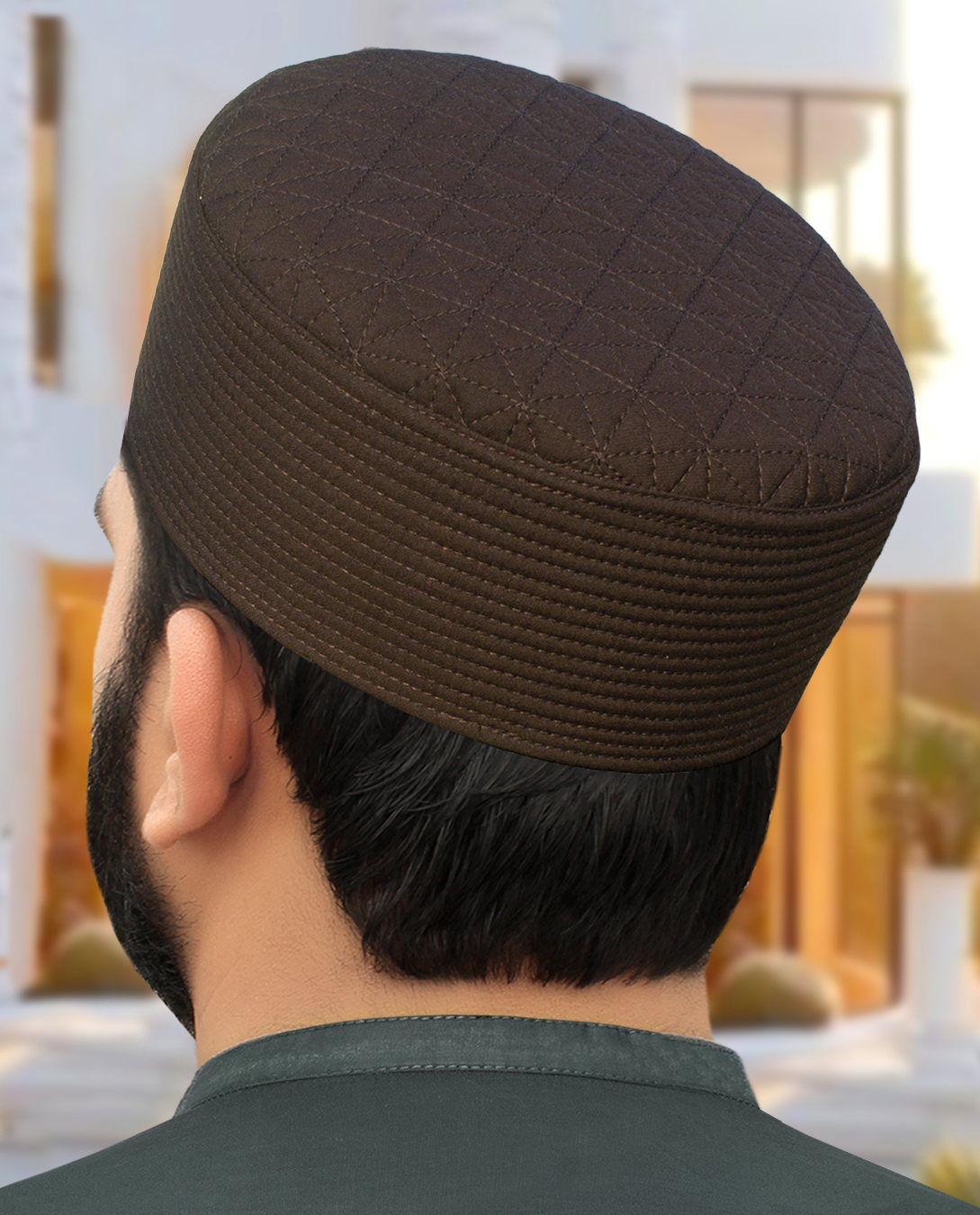 Chocolate Brown Elegant Diamond Quilted Cap, perfect for formal Islamic Clothing.