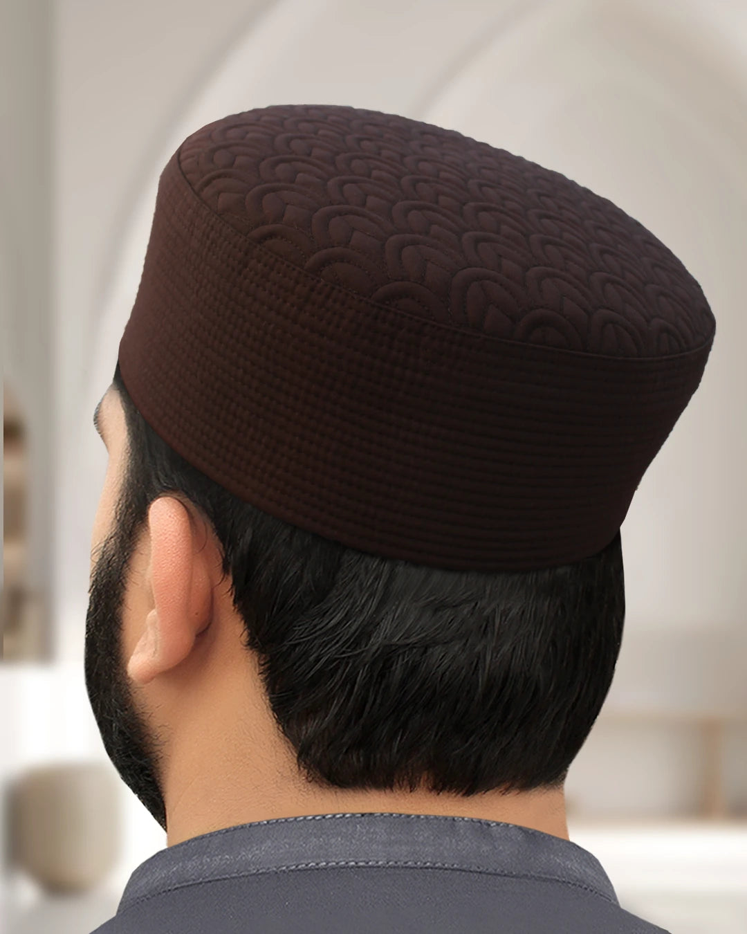 Chocolate Brown Qamar Kufi, emphasizing the tailored structure and formal Islamic headwear style.