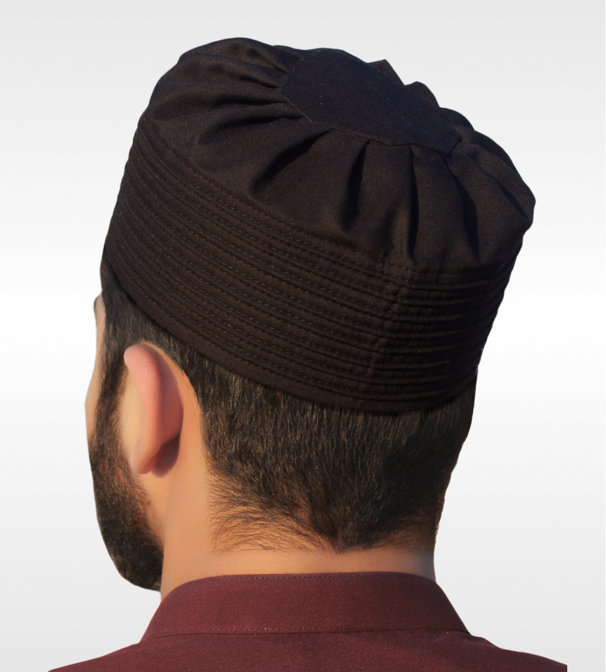 Dark Brown Premium Gathered Islamic Cap with unique pleated band texture.