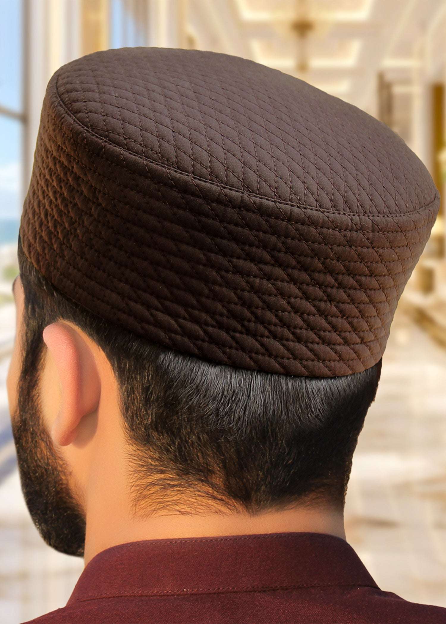 Dark brown quilted moorish kufi prayer cap for men, styled for Eid and Jumuah