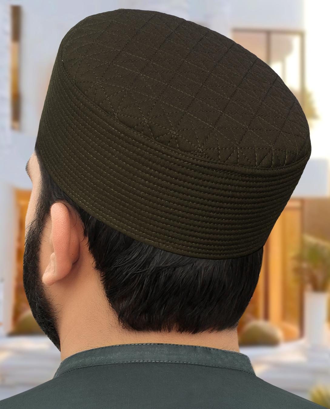 Dark Olive Diamond Quilt Kufi that is highly resistant to shrinking, a reliable structured wear investment.