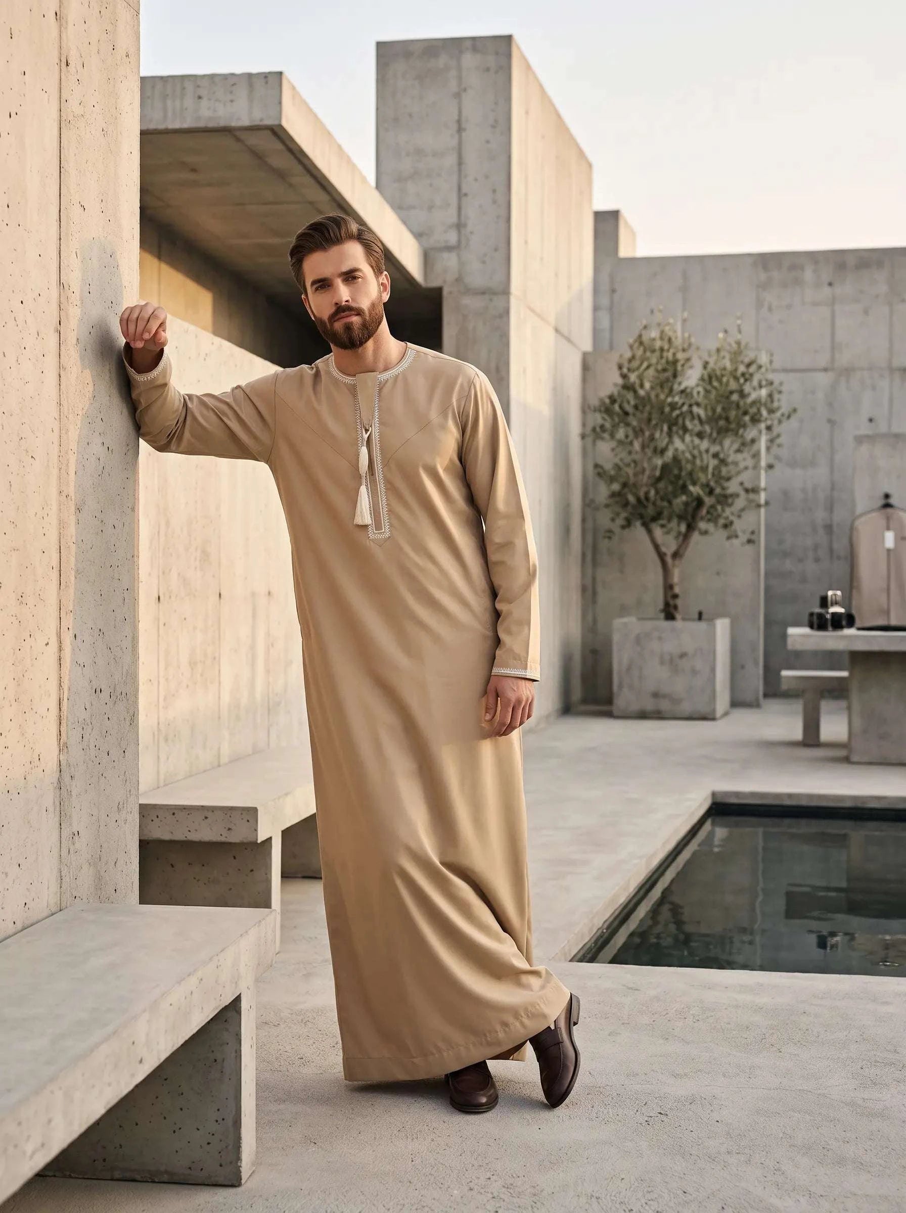 Premium camel Emirati thobe for kids with tarboush