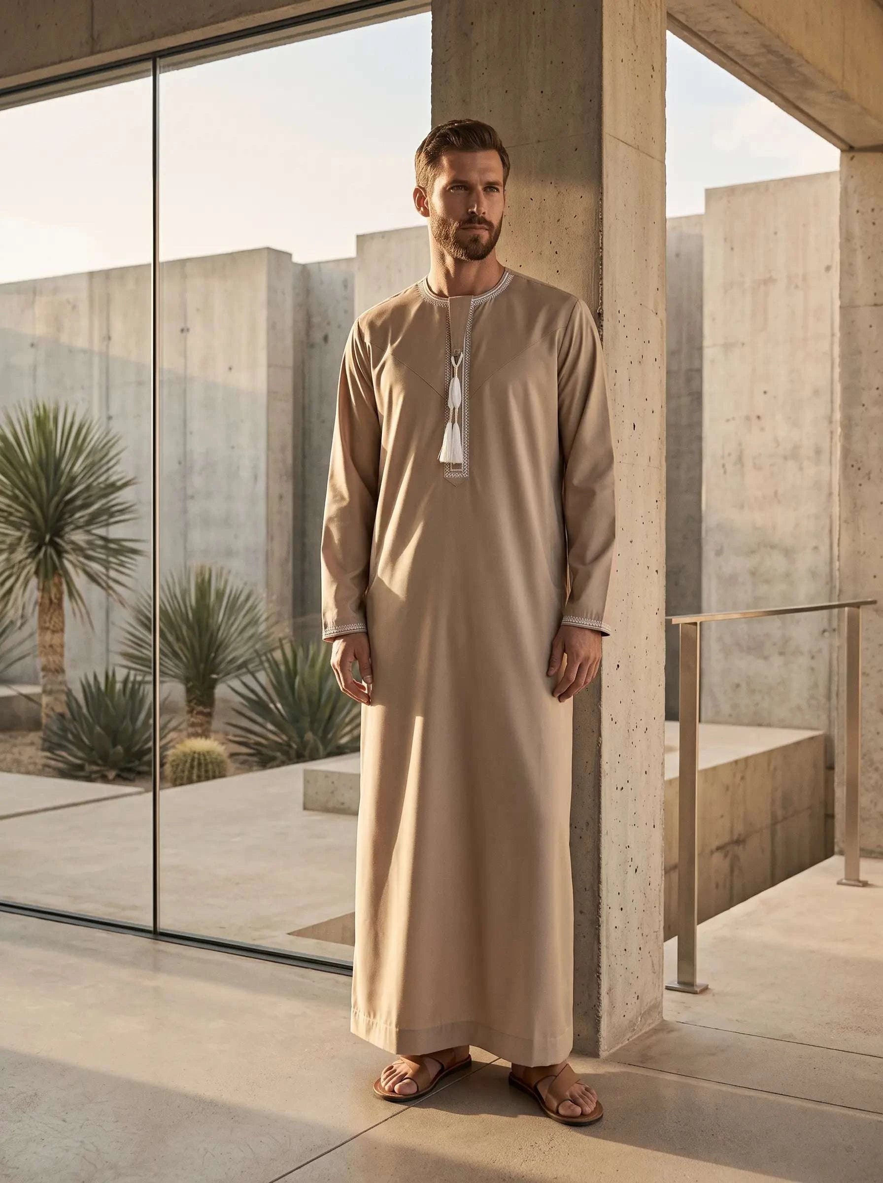 Camel Emirati thobe with white embroidery, close-up detail