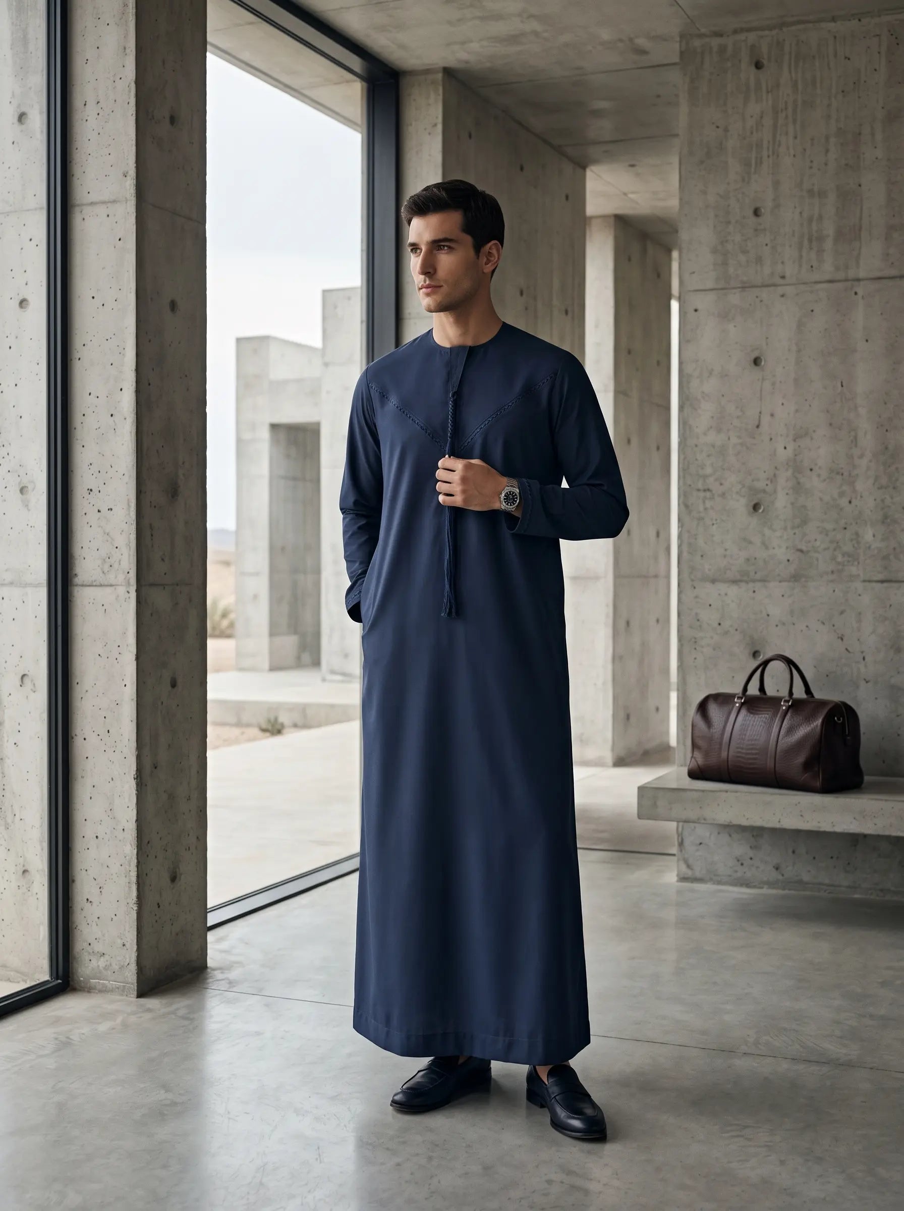 Premium navy blue Emirati thobe for kids with braided tarboush