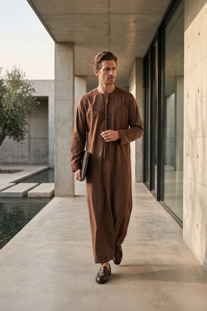 Premium mocha brown Emirati thobe for kids with braided tarboush