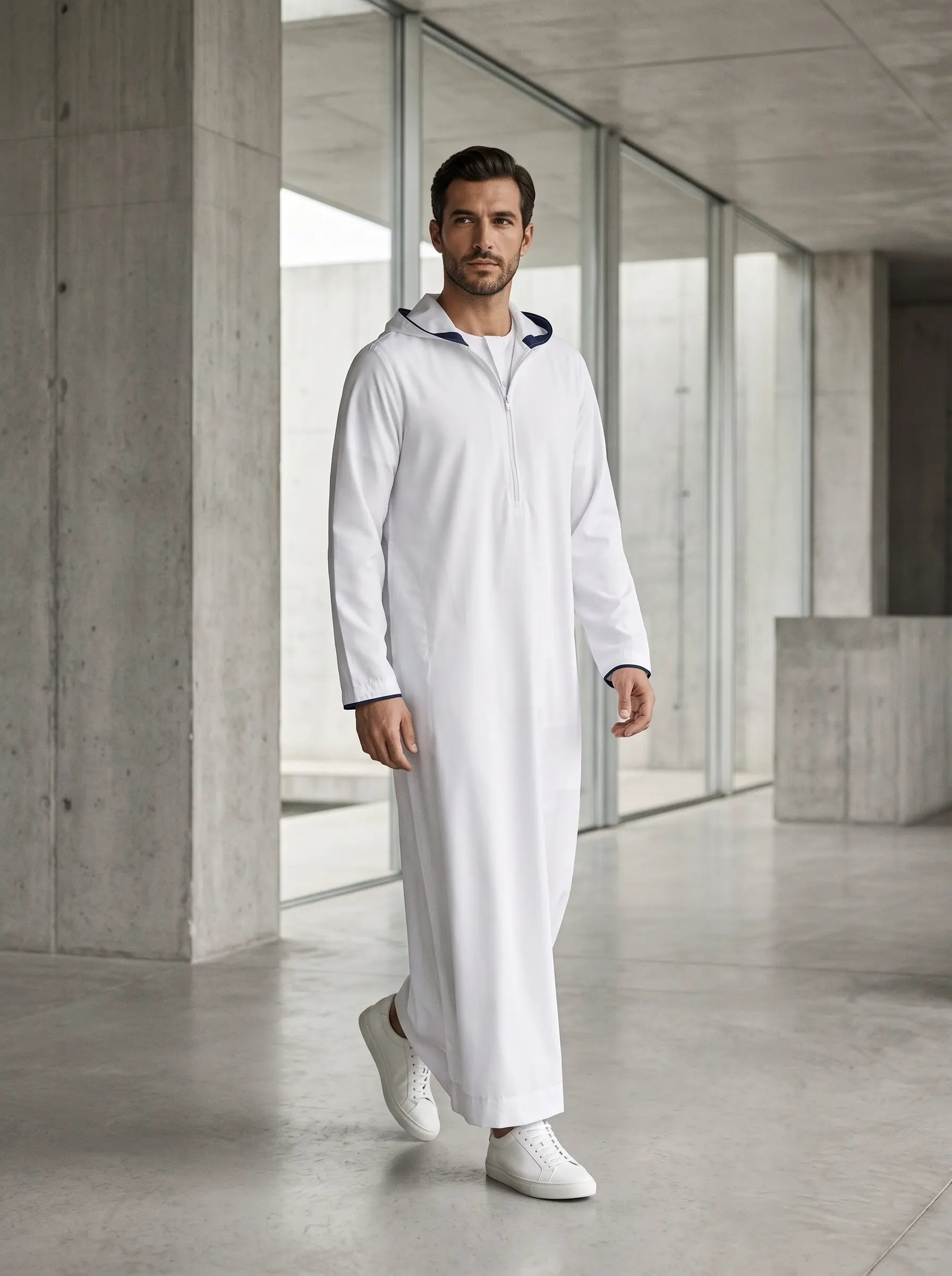 Premium White Hooded Sport Thobe with Half-Zip