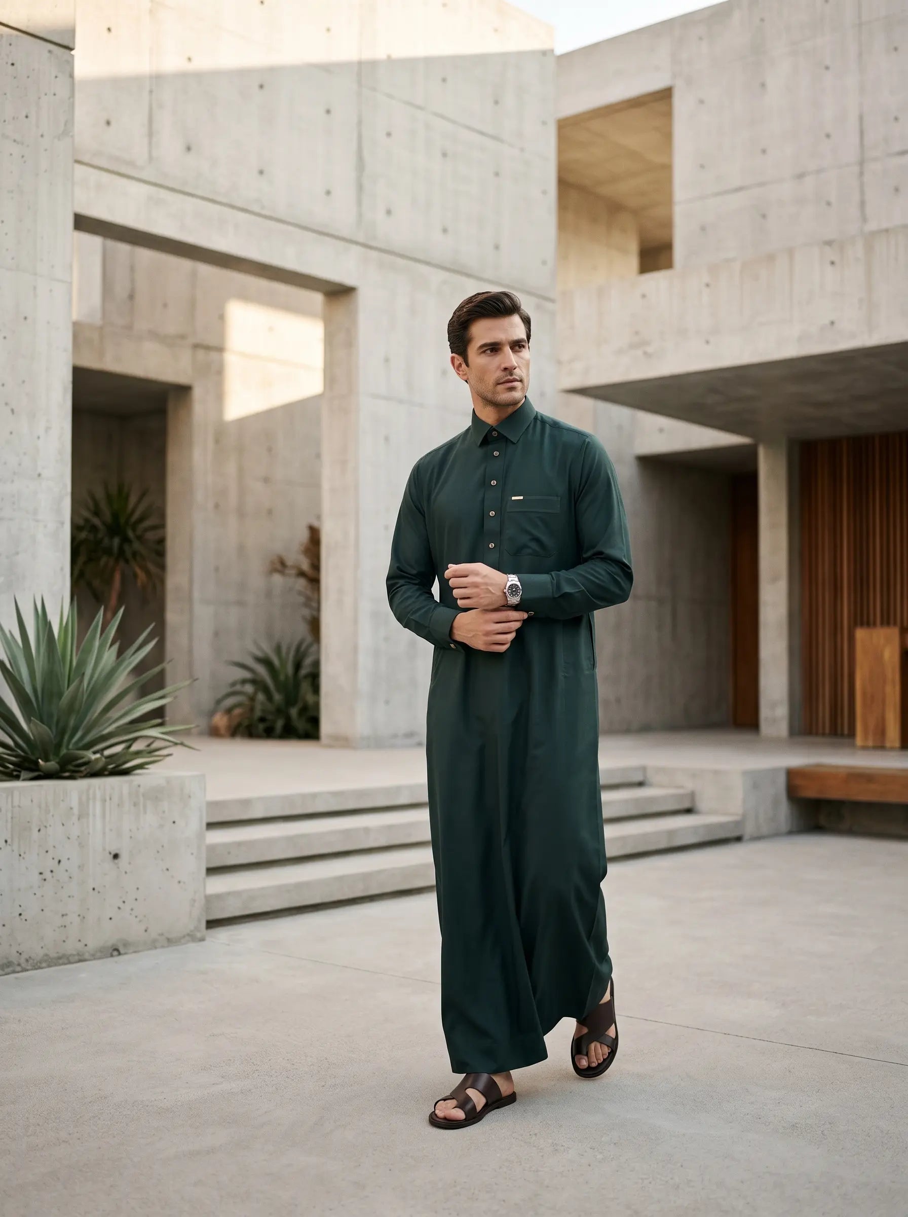 Premium Executive Forest Green Thobe with Shirt Collar