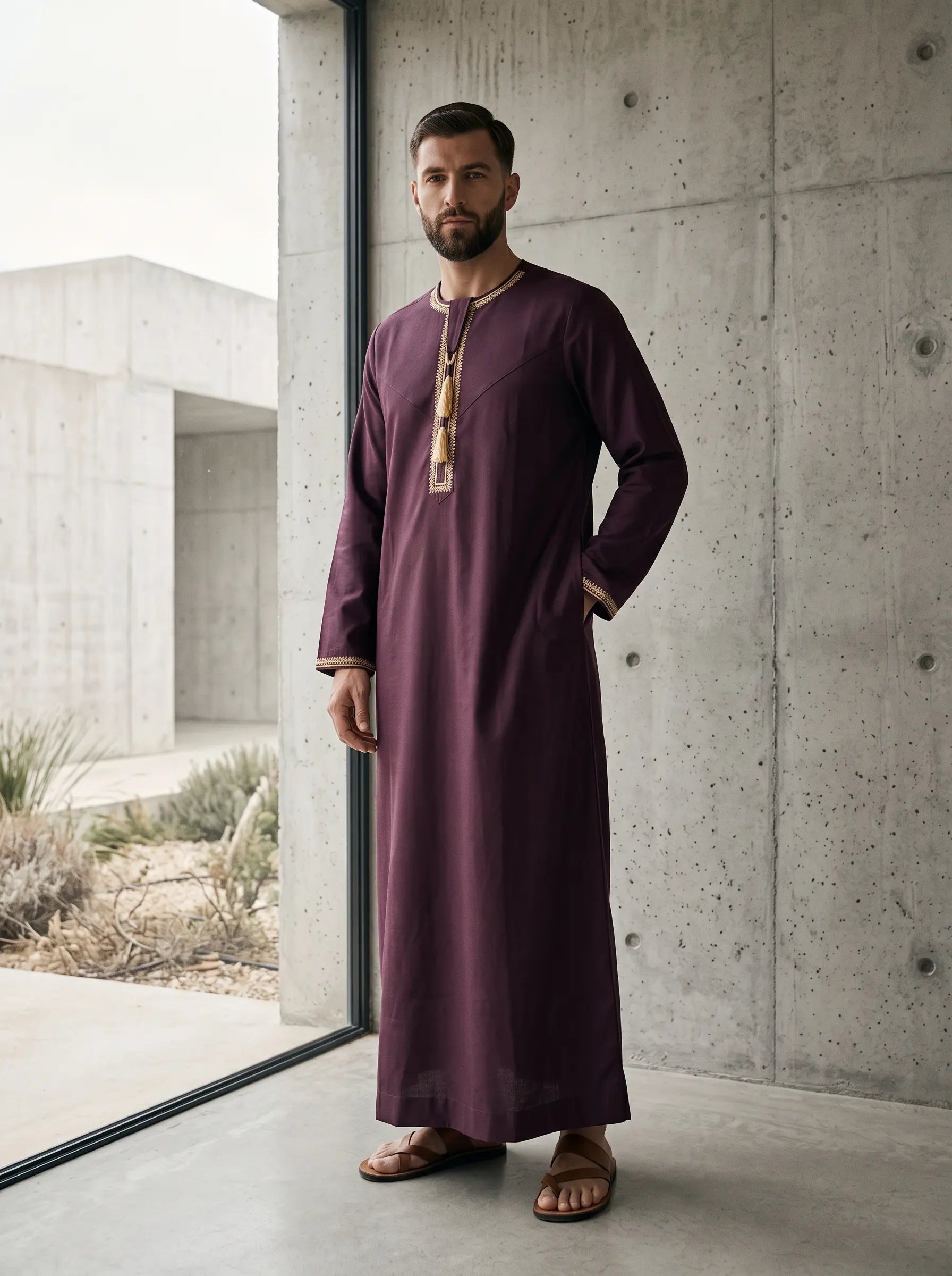 Maroon kids Emirati jubbah full length view