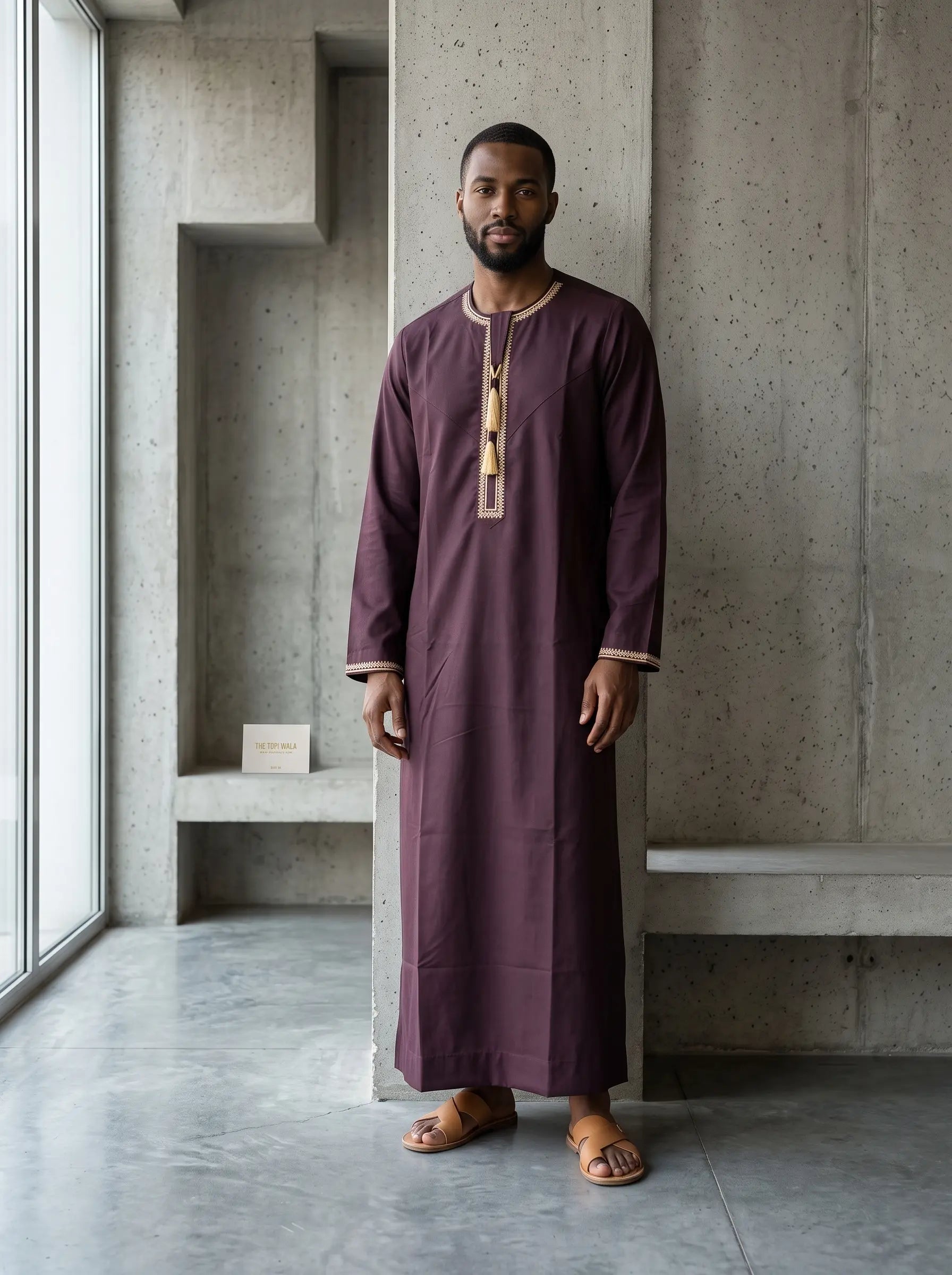 Burgundy kids Emirati thobe tarboush detail
