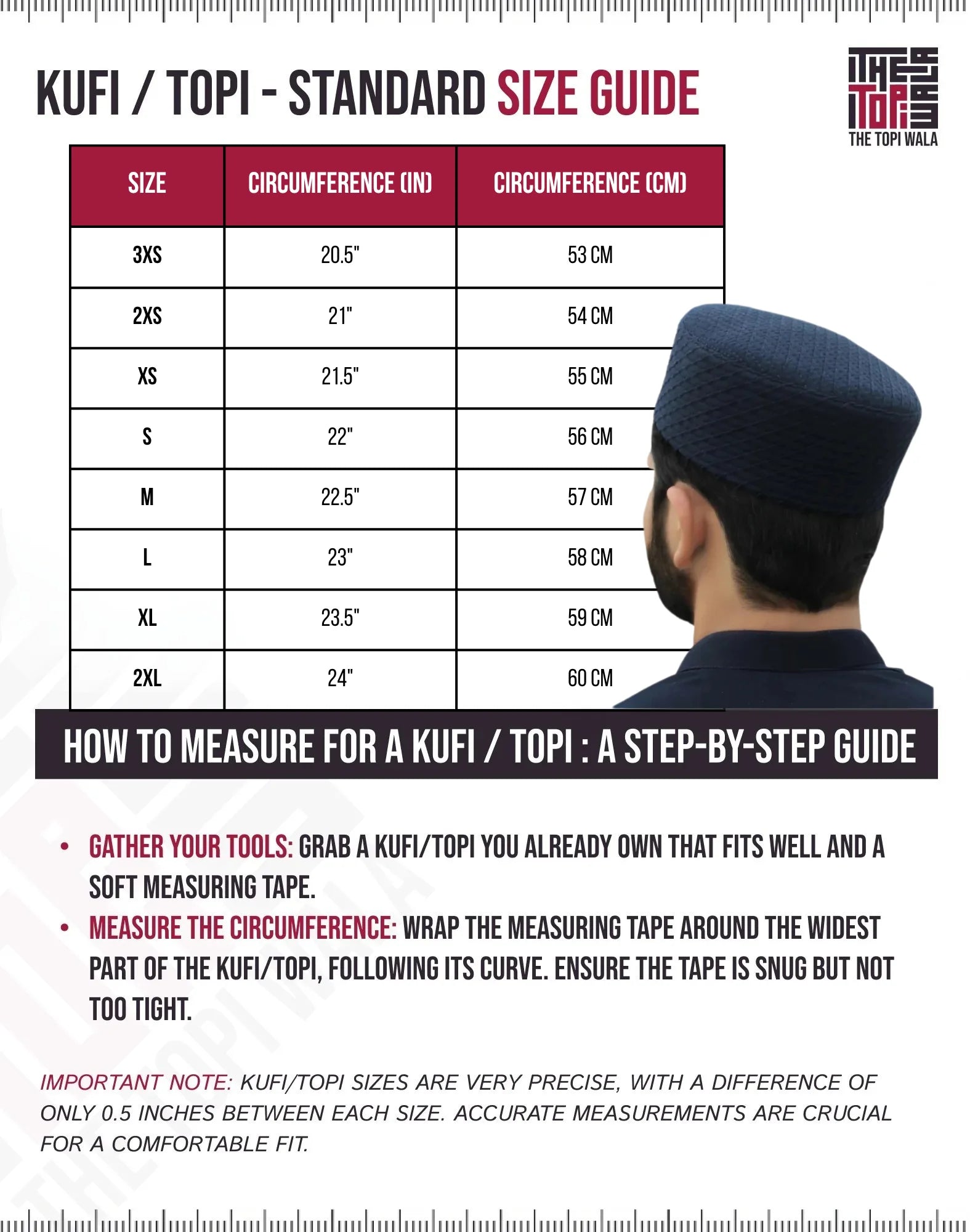 Islamic Kufi Topi Sizing Chart and head circumference measurement guide for a consistent, lasting fit.