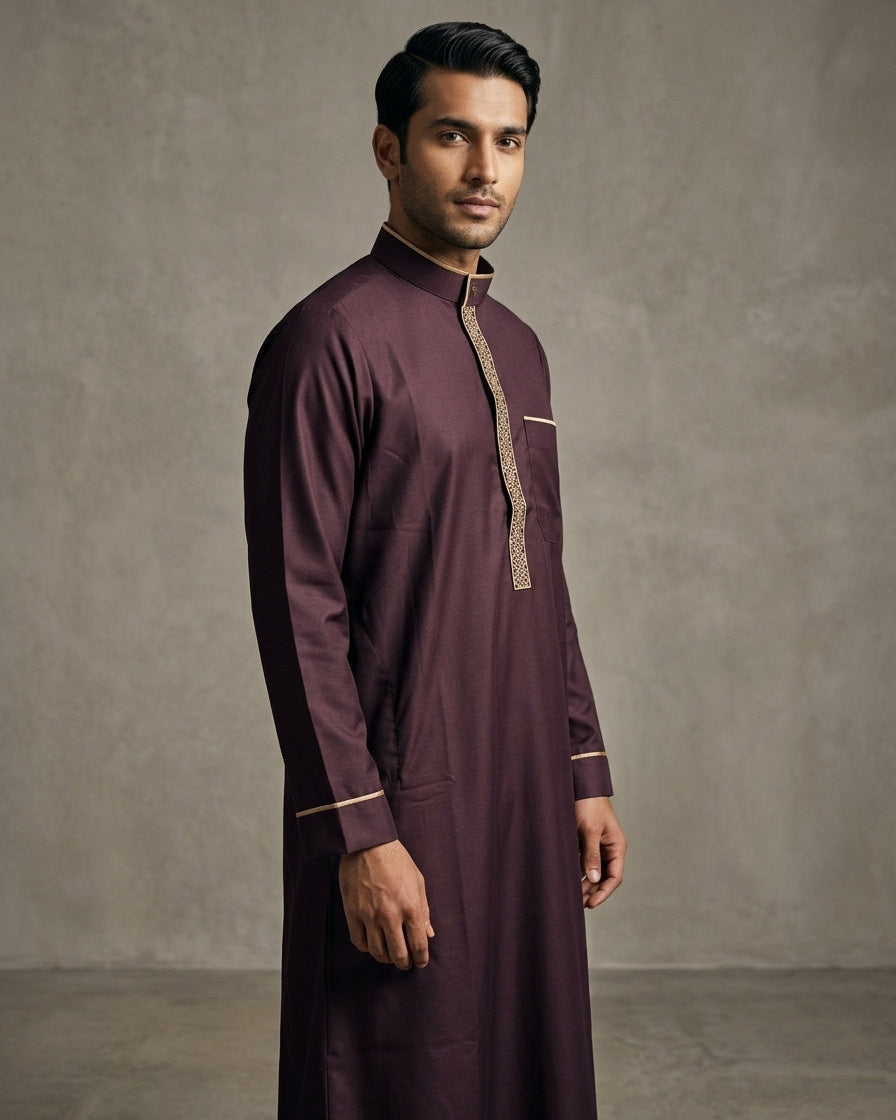 Authentic Moroccan style men's gandora in deep maroon and bronze, luxury Islamic menswear, modest apparel for Muslims, formal Middle Eastern clothing, premium maroon executive thobe, best Eid clothing for men.
