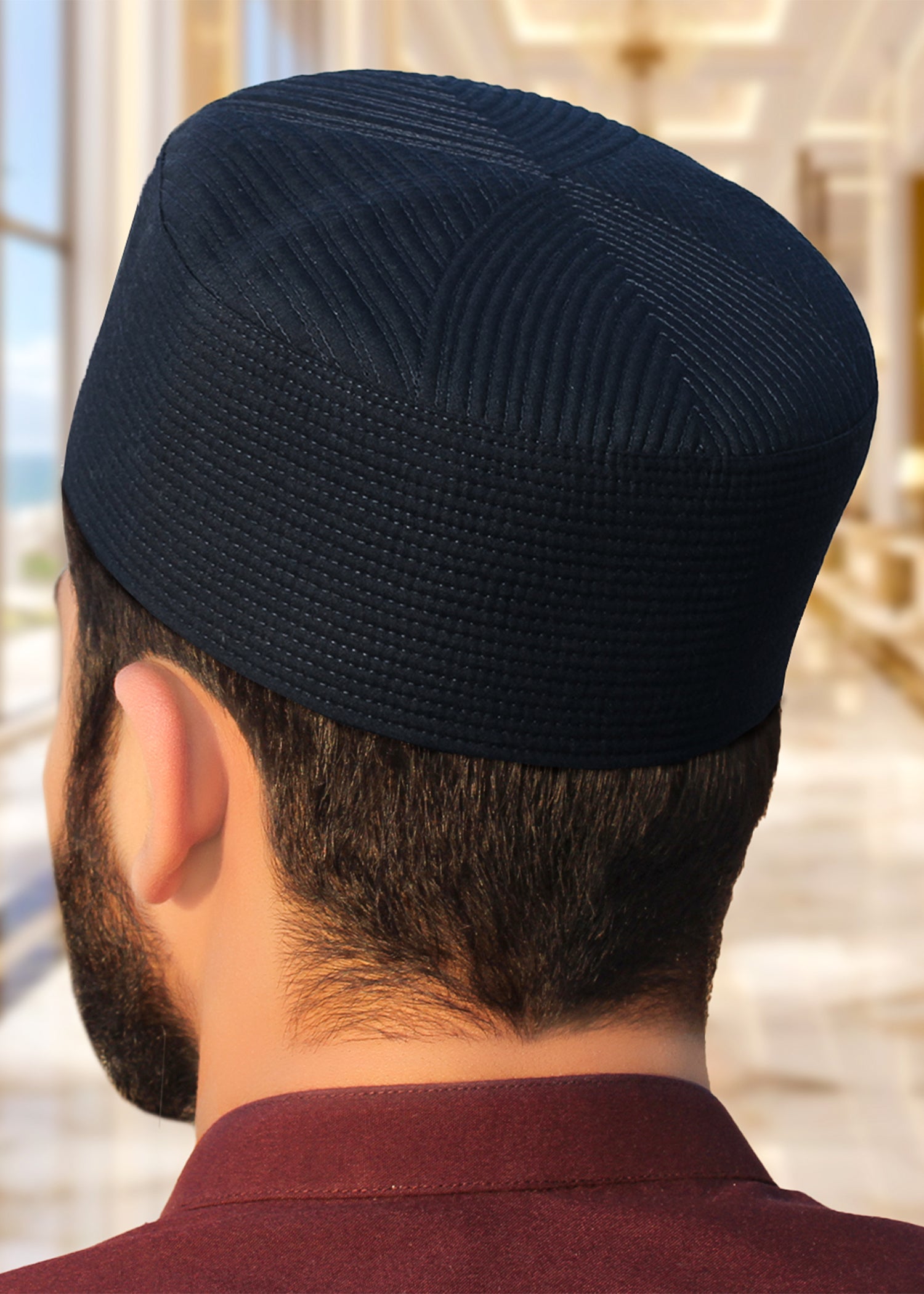Navy Blue Structured Taqiyah with geometric quilt pattern, highly resistant to shrinkage.