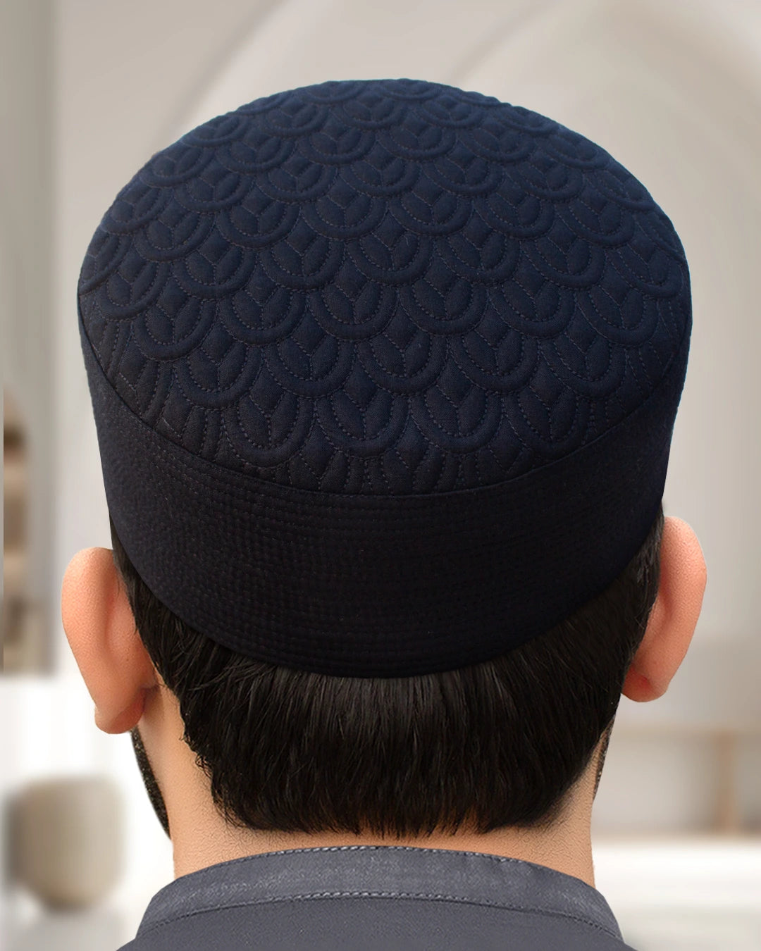Navy Blue Qamar Kufi with rich texture, a stable Kufi choice for sophisticated attire.
