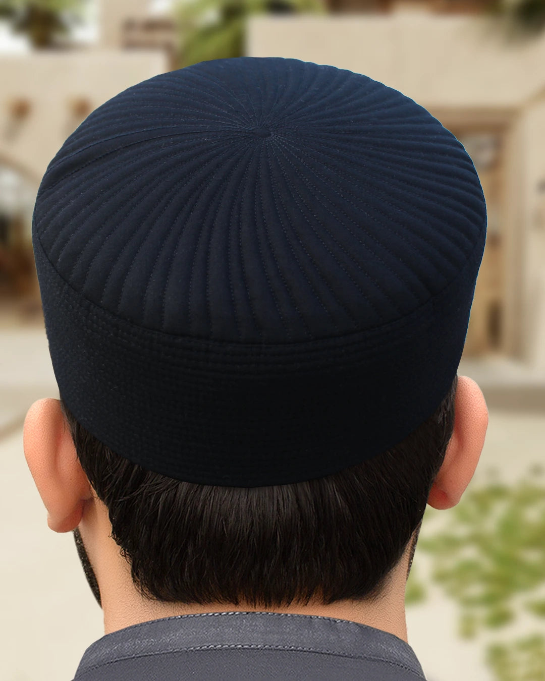 Navy Blue Islamic headwear shown with color variations, emphasizing the non-shrink guarantee.