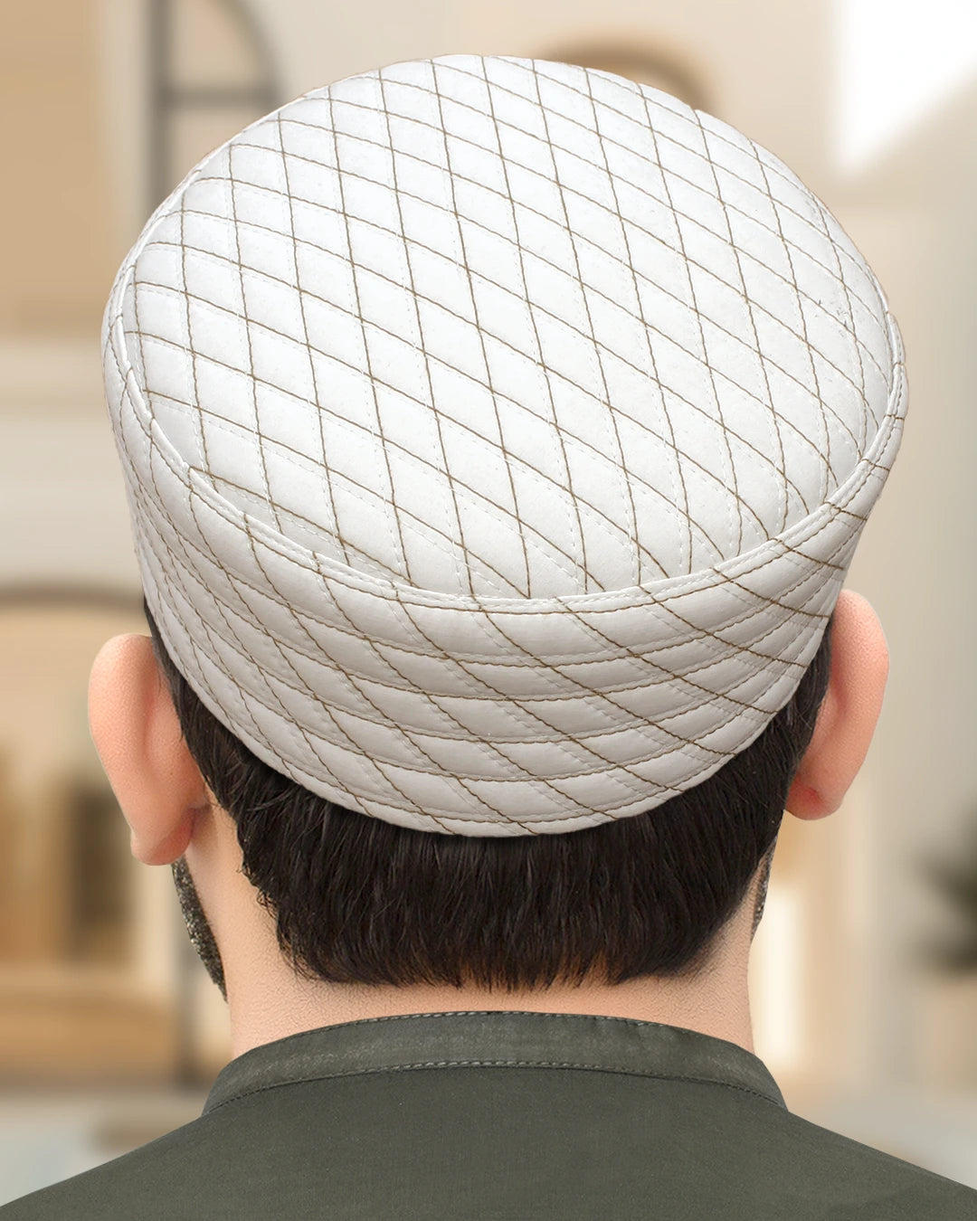 Off-White Noor Kufi with Camel contrast stitching in a diamond pattern, perfect for formal Islamic wear and structural stability.