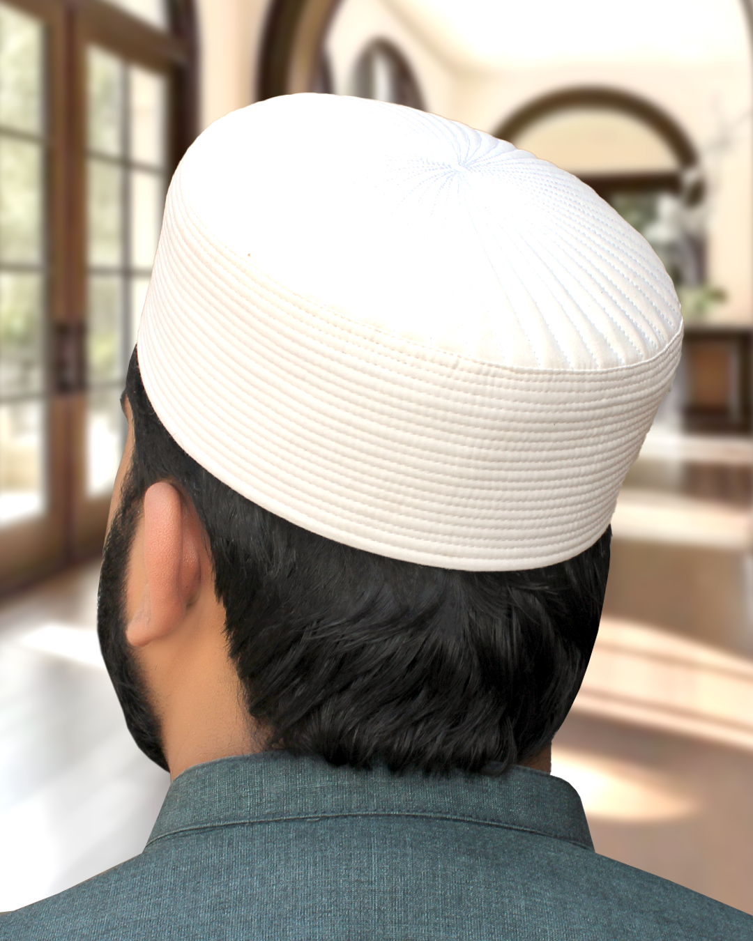 Off-White Structured Islamic Cap with unique quilt pattern, highly resistant to shrinkage.
