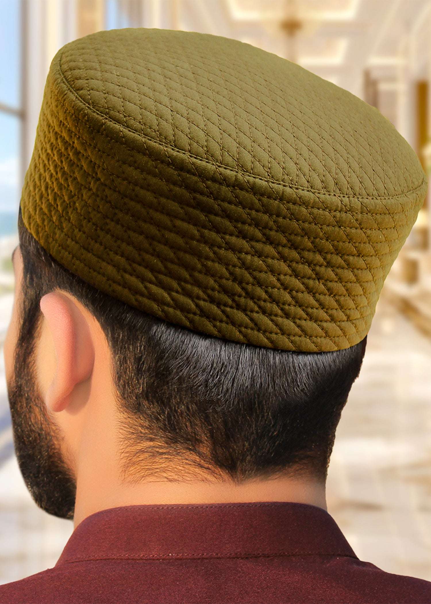 Smoky ash quilted moorish kufi prayer cap for men, a Sunnah wardrobe staple